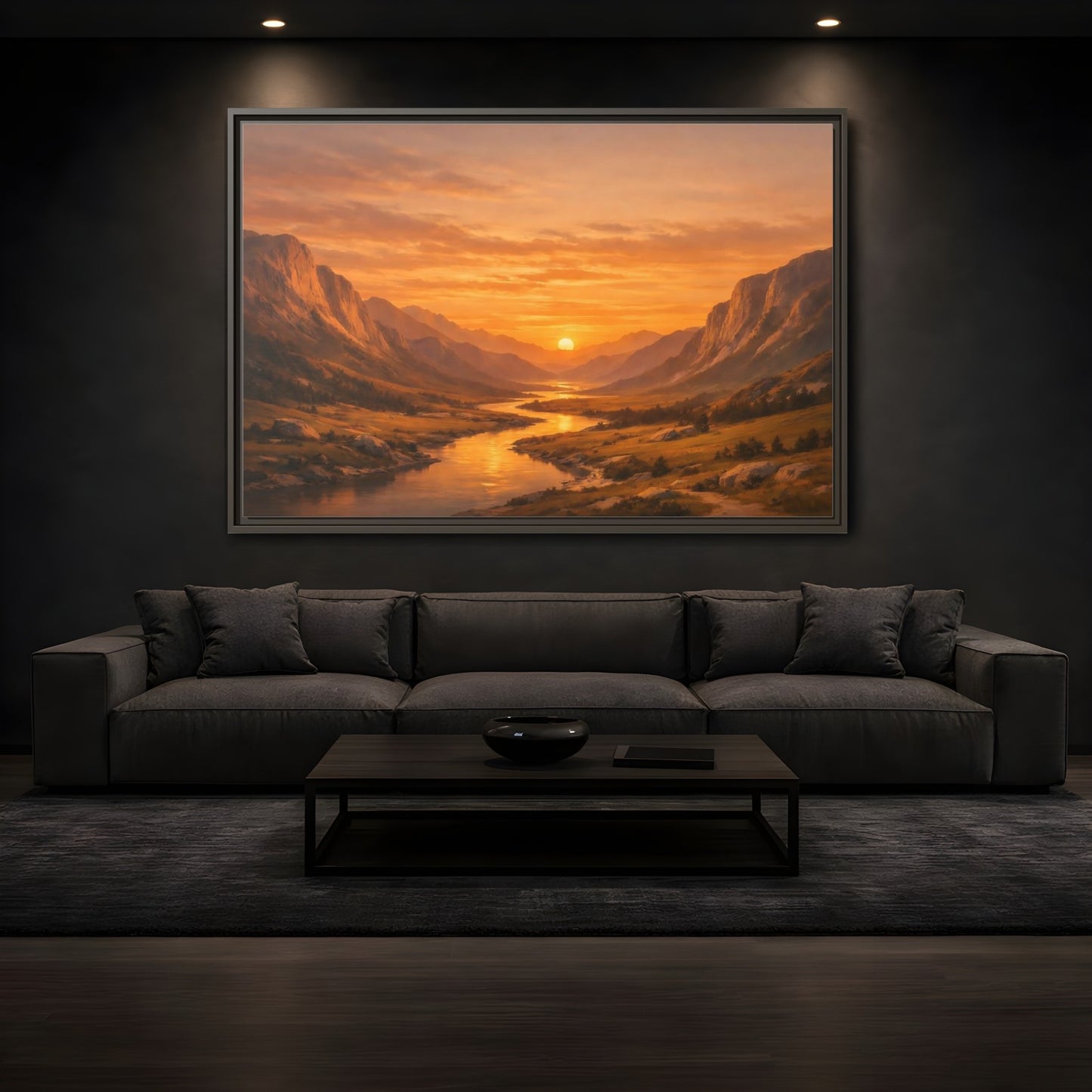 Mockup 3. Nature River Valley Golden Valley Sunset shown as stretched canvas wall art