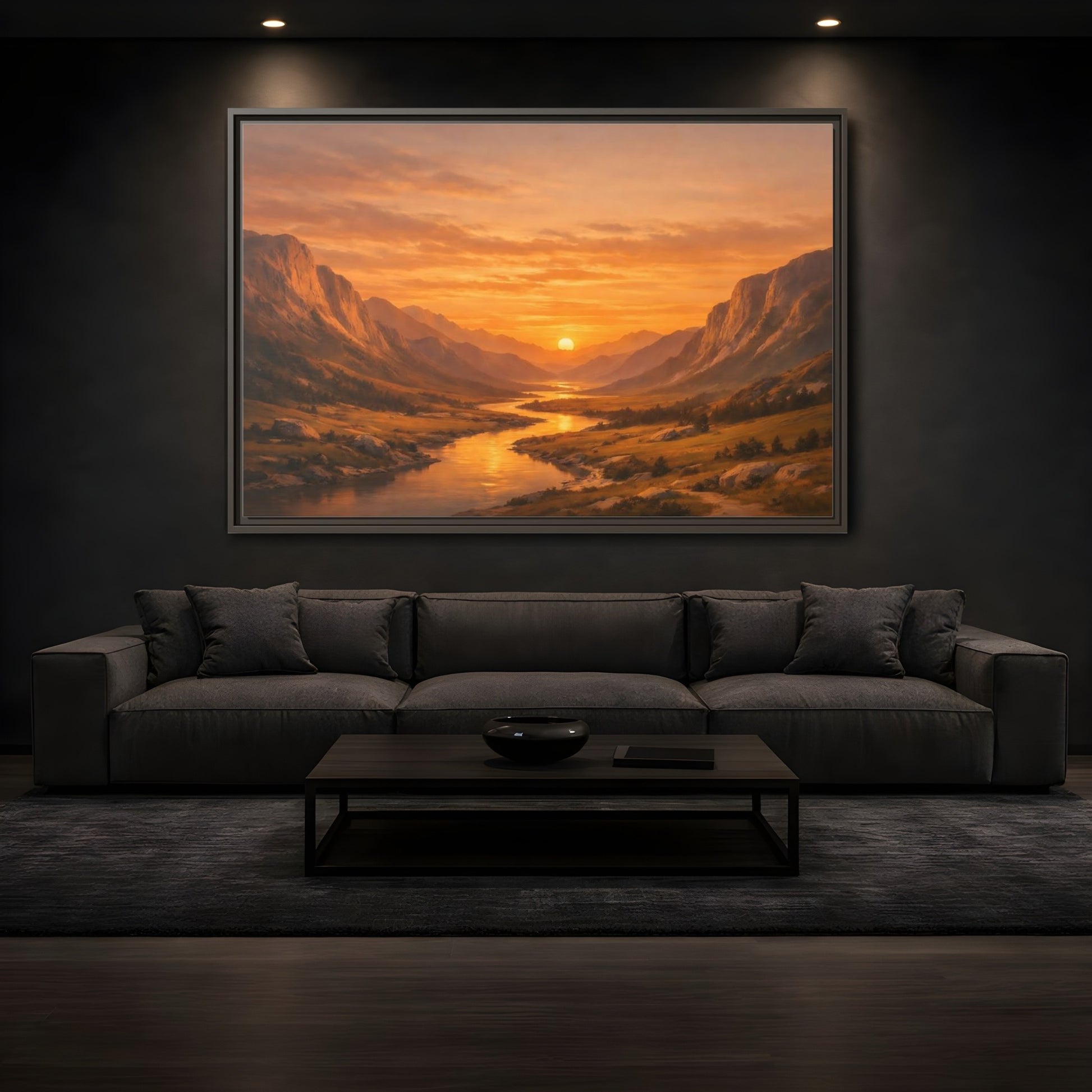 Mockup 3. Nature River Valley Golden Valley Sunset shown as stretched canvas wall art
