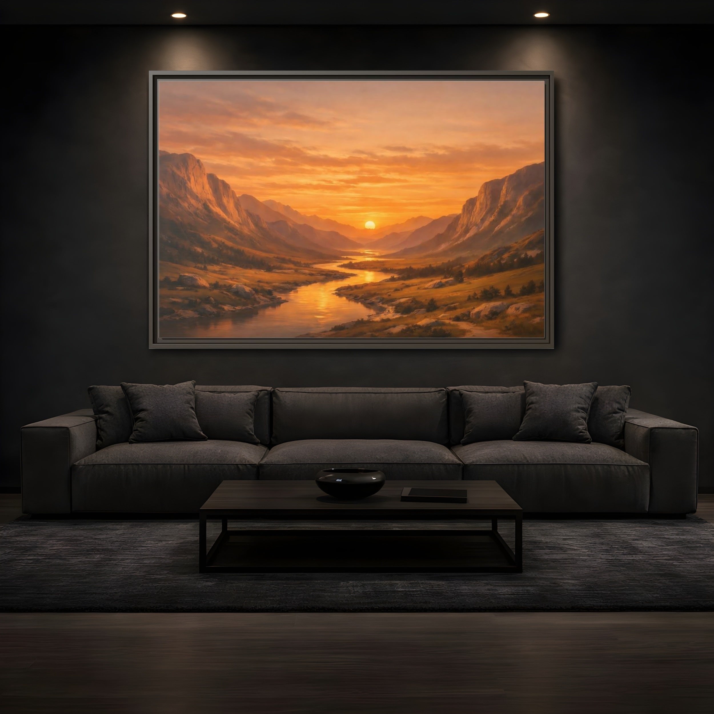 Mockup 3. Nature River Valley Golden Valley Sunset shown as stretched canvas wall art