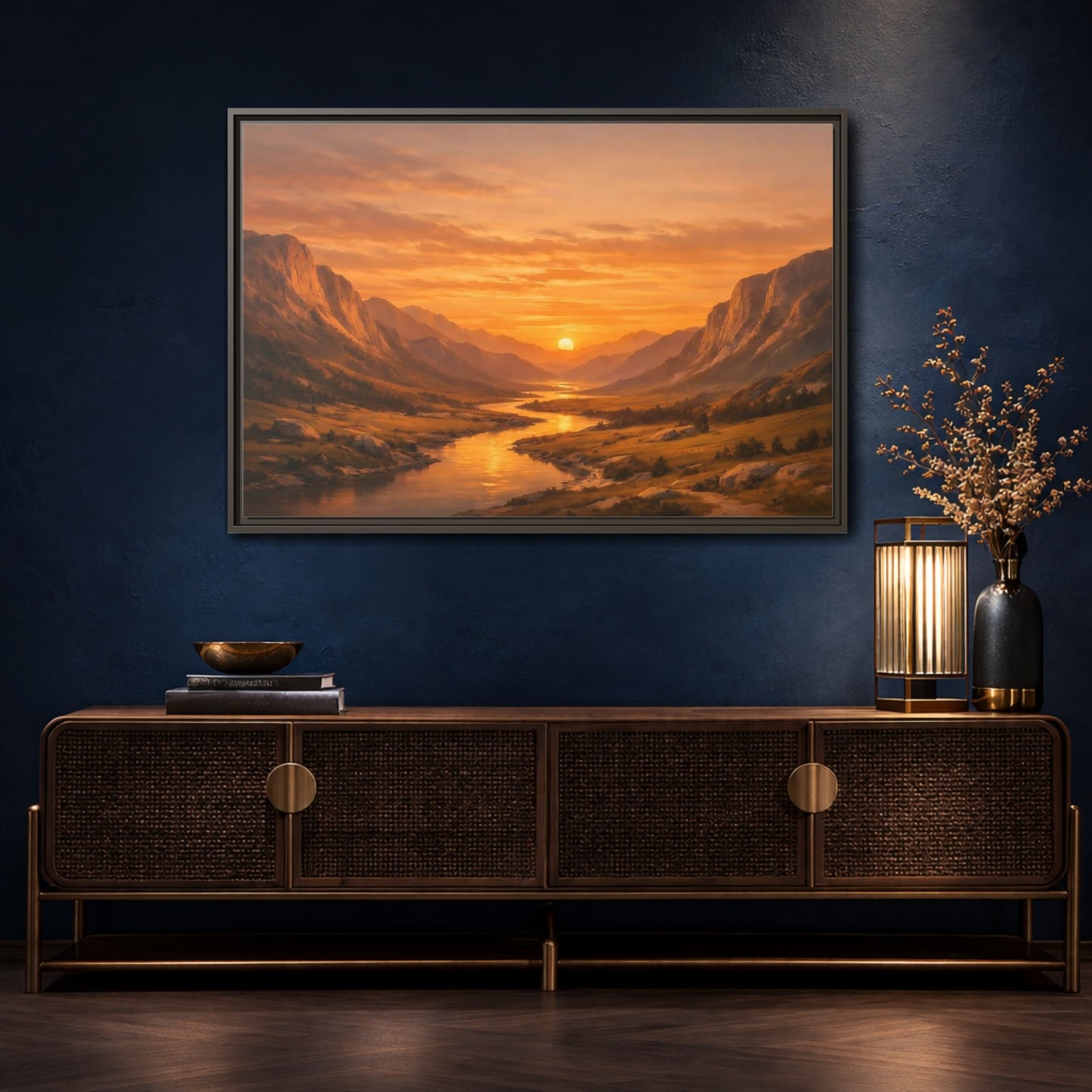 Mockup 4. Nature River Valley Golden Valley Sunset shown as stretched canvas wall art