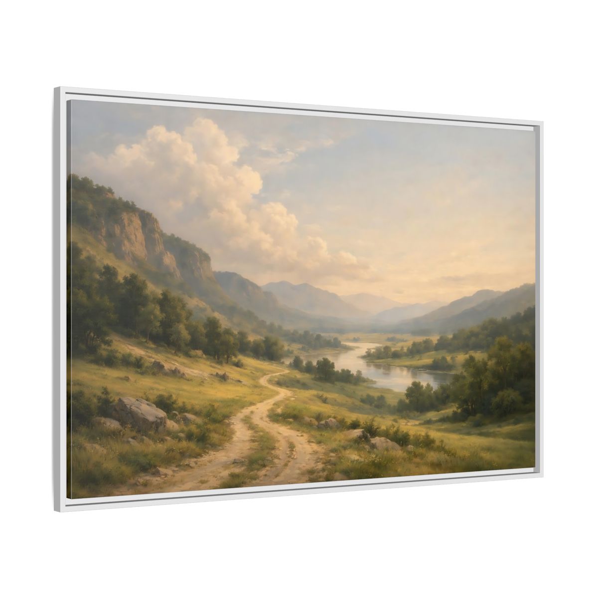 Side Mockup 7. Nature River Valley Green And Brown shown as stretched canvas wall art