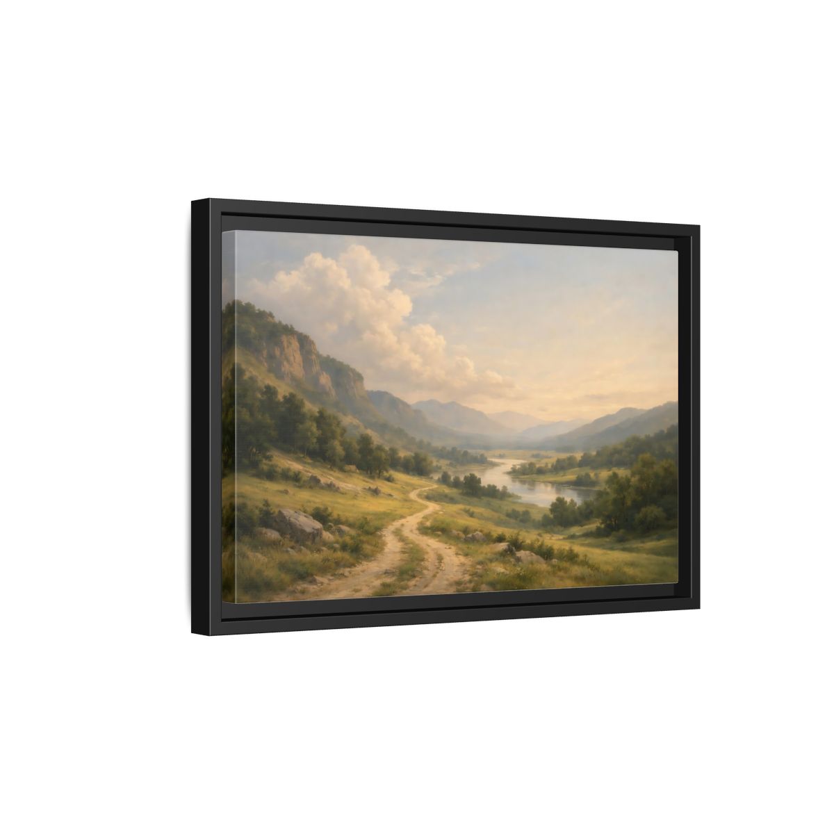 Side Mockup 6. Nature River Valley Green And Brown shown as stretched canvas wall art