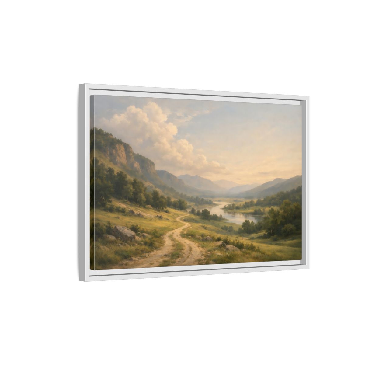 Side Mockup 1. Nature River Valley Green And Brown shown as stretched canvas wall art