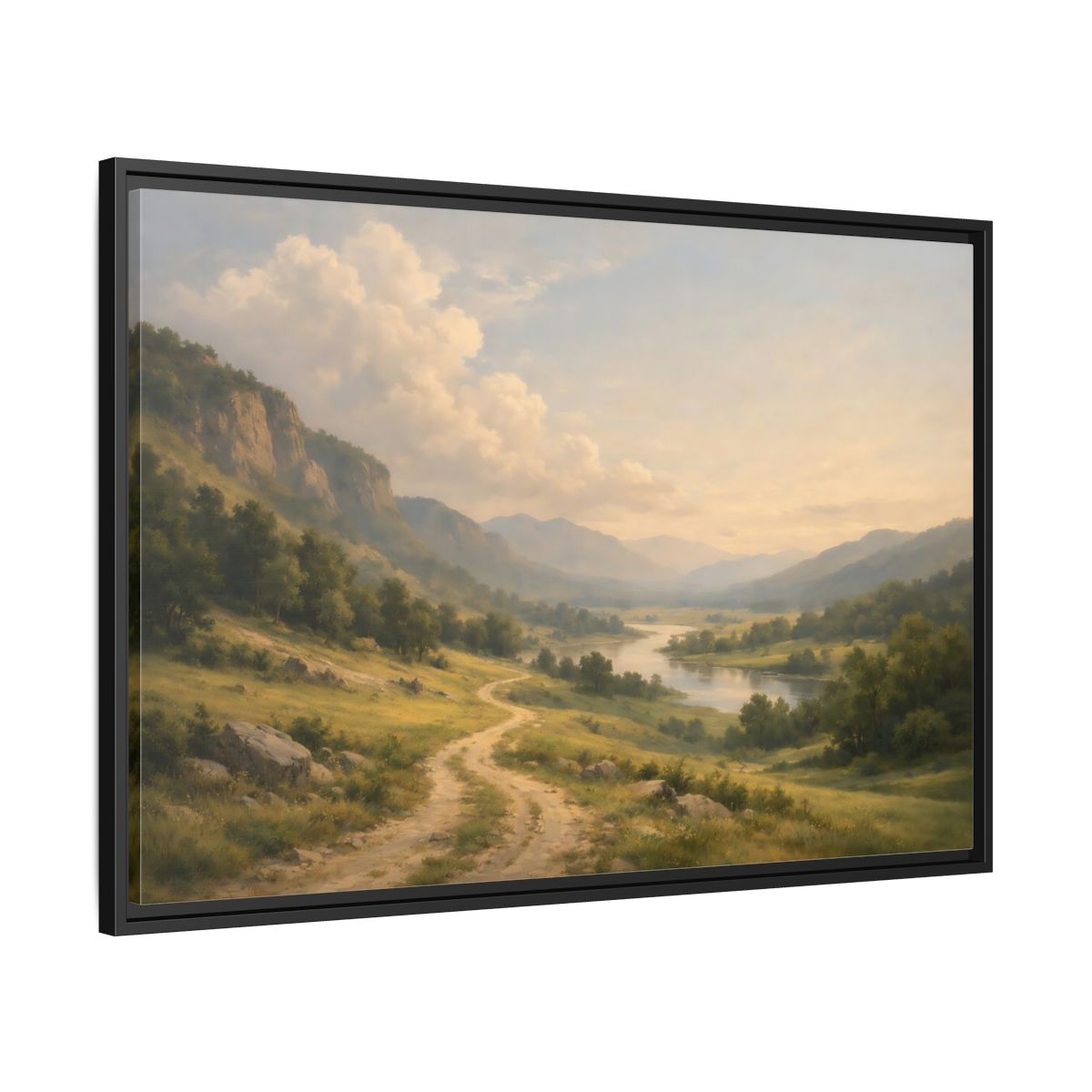 Side Mockup 13. Nature River Valley Green And Brown shown as stretched canvas wall art
