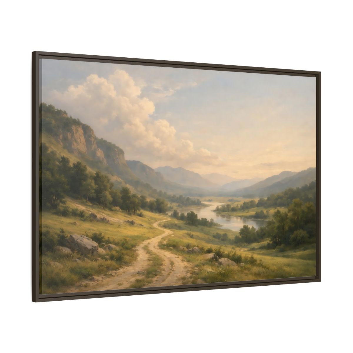 Side Mockup 8. Nature River Valley Green And Brown shown as stretched canvas wall art