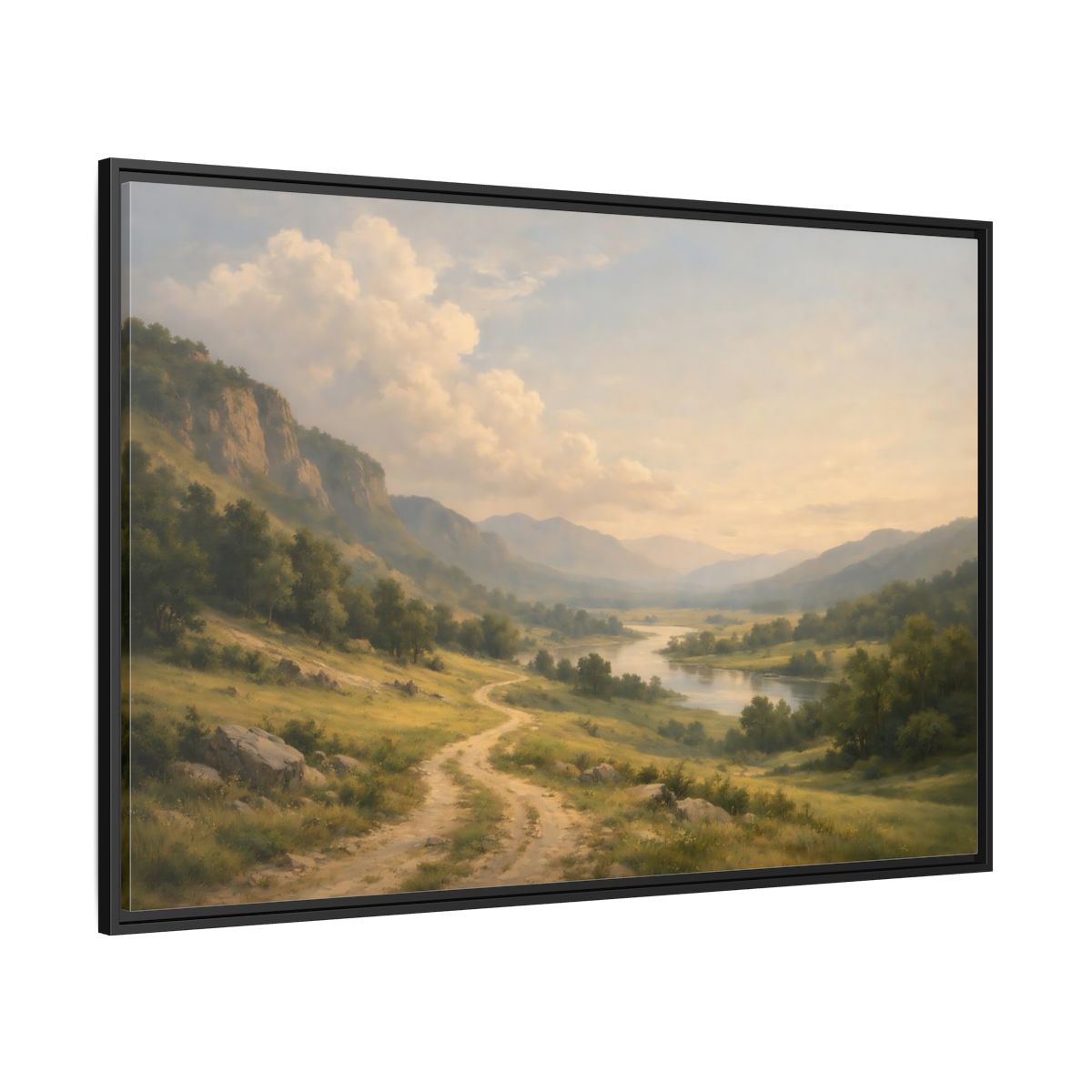 Side Mockup 12. Nature River Valley Green And Brown shown as stretched canvas wall art