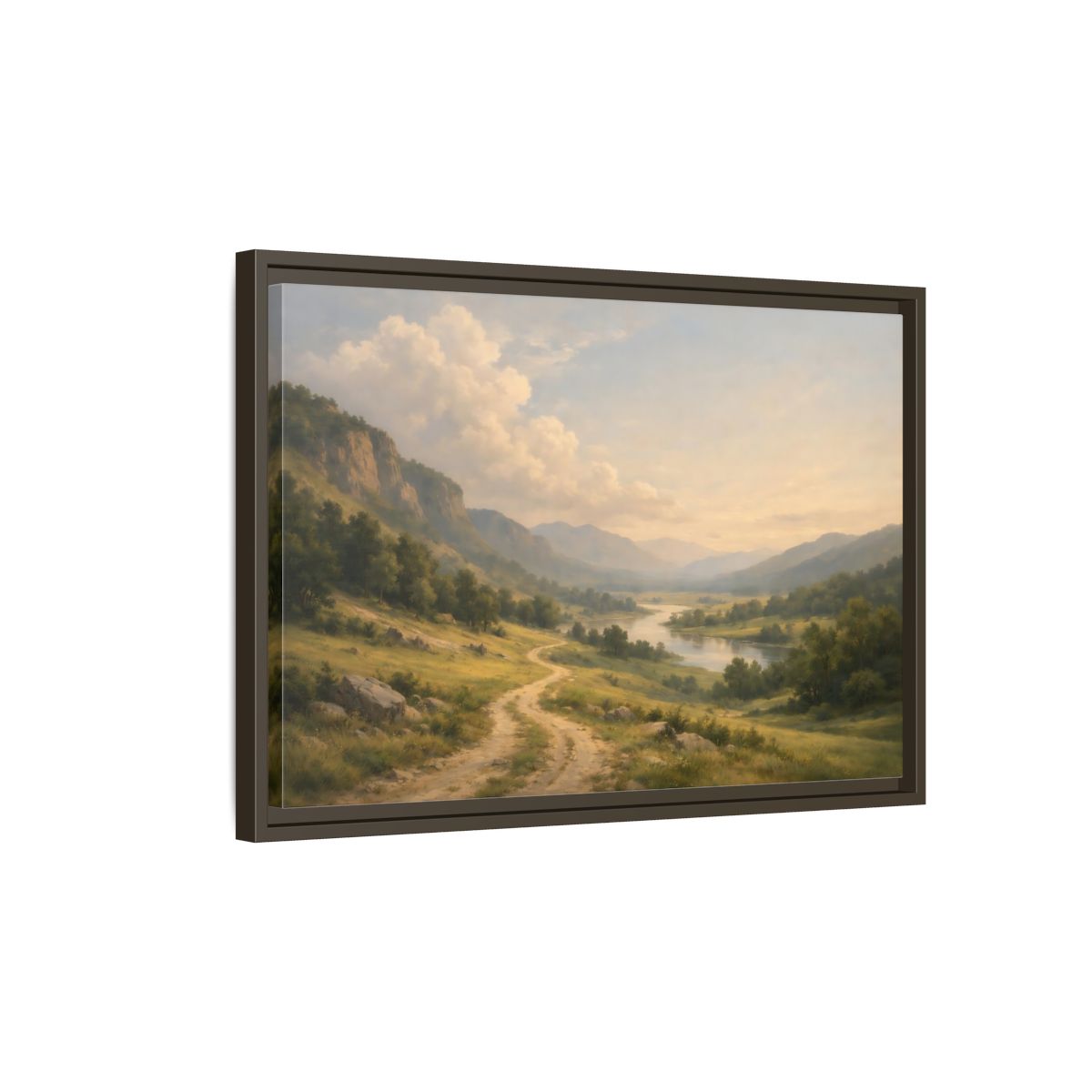 Side Mockup 2. Nature River Valley Green And Brown shown as stretched canvas wall art