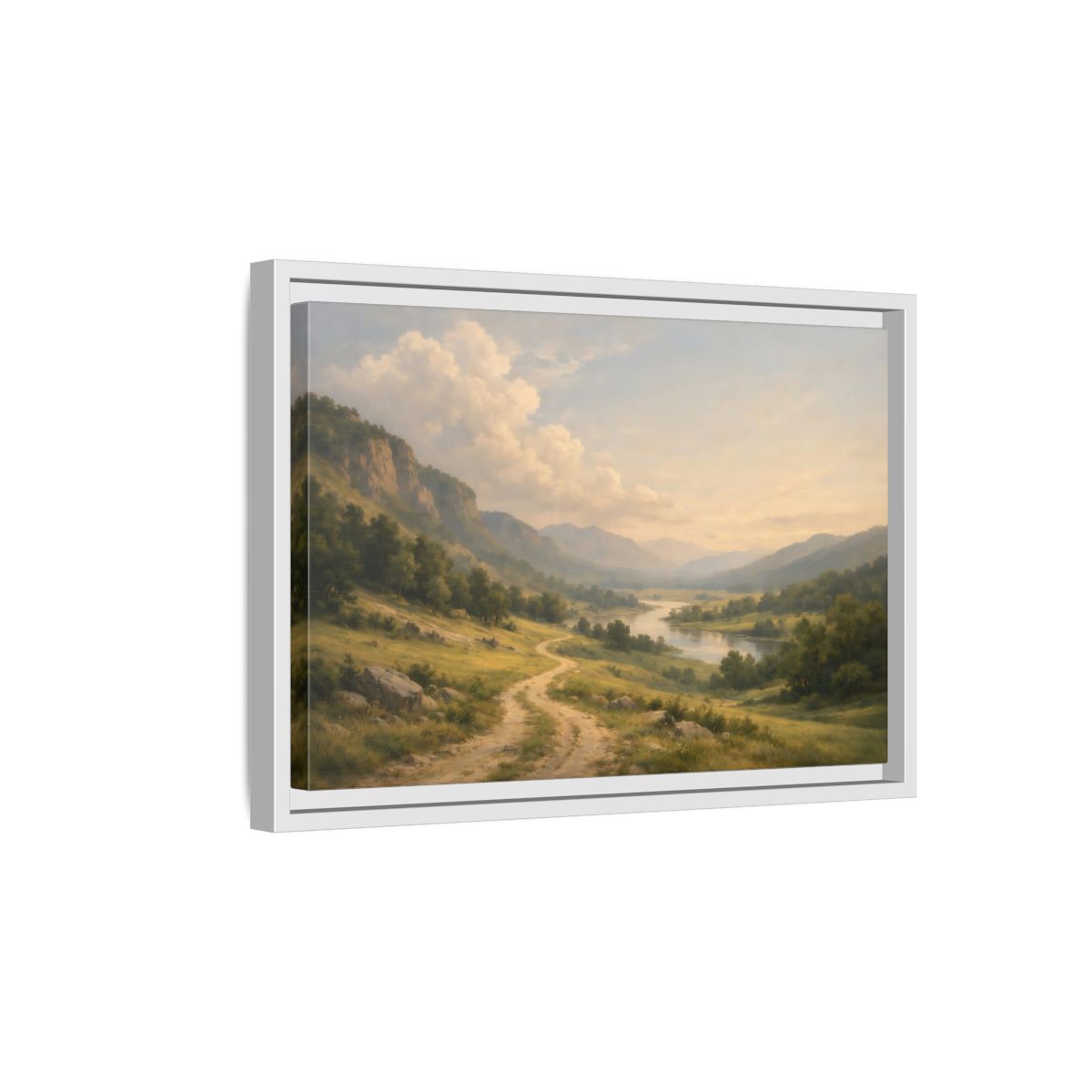 Side Mockup 4. Nature River Valley Green And Brown shown as stretched canvas wall art