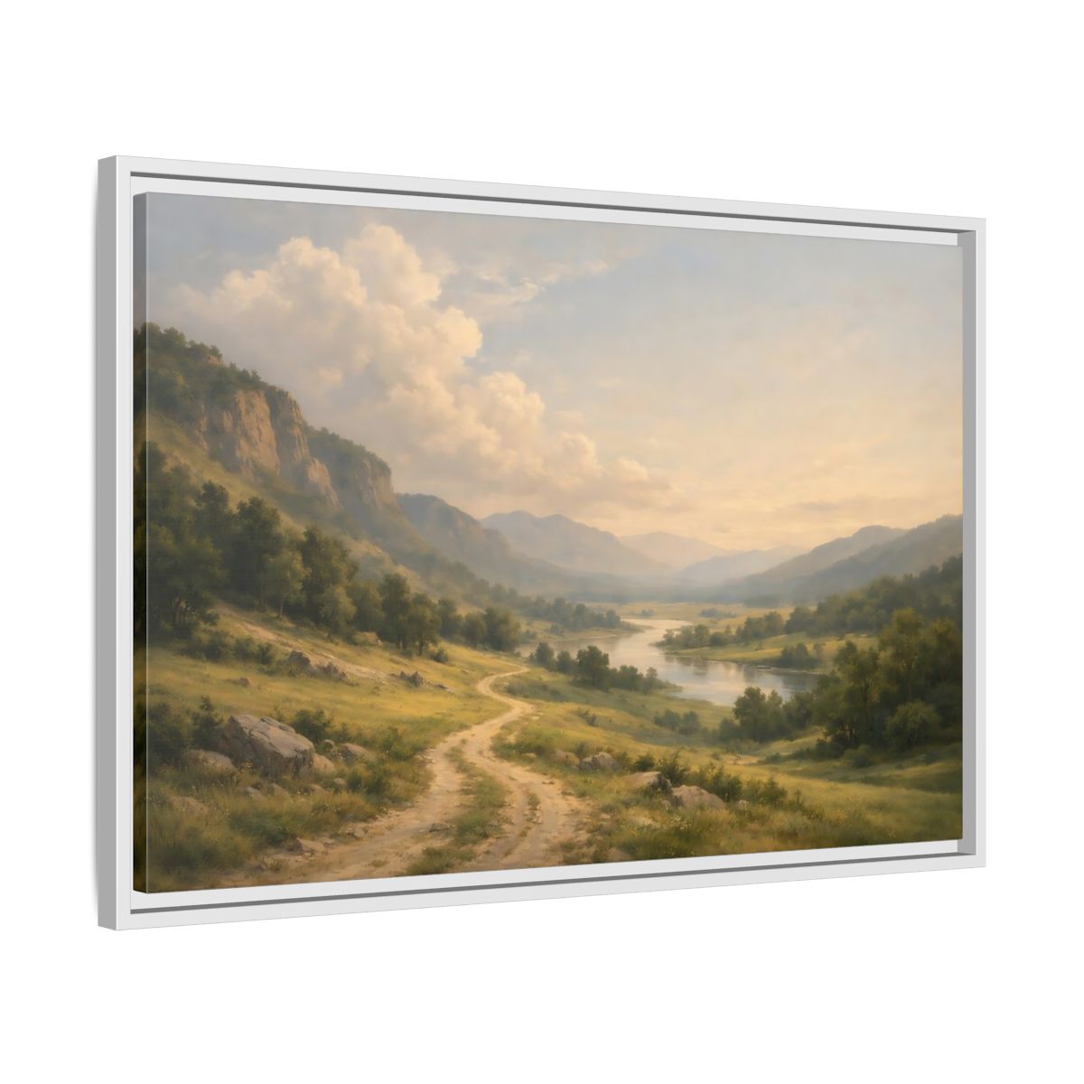 Side Mockup 10. Nature River Valley Green And Brown shown as stretched canvas wall art