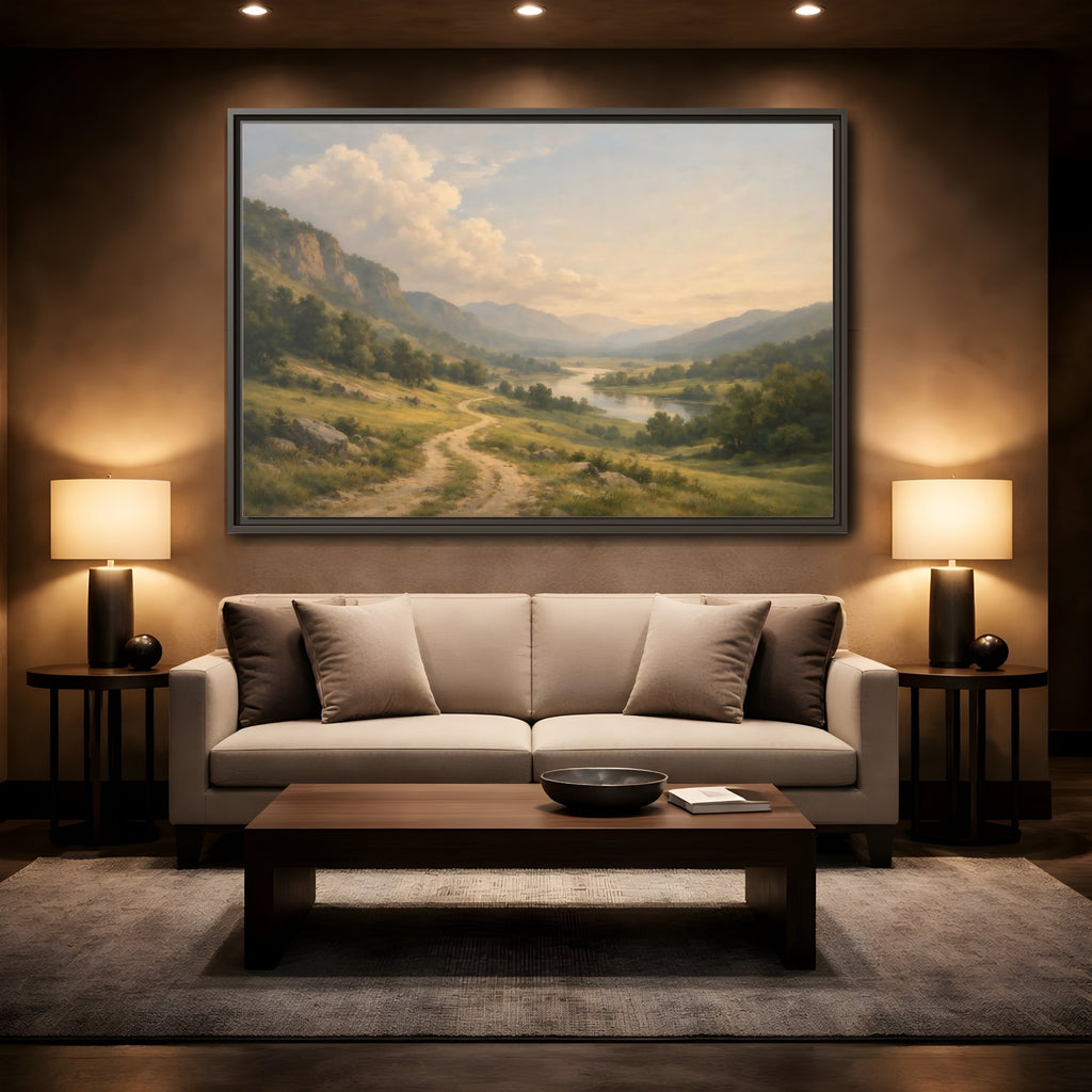 Mockup 2. Nature River Valley Green And Brown shown as stretched canvas wall art
