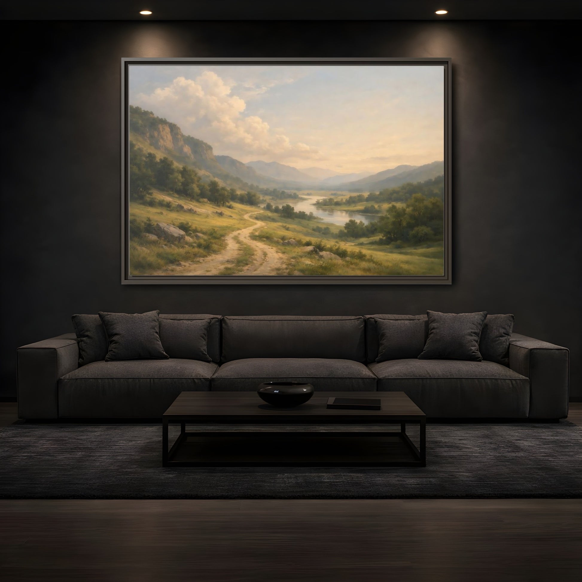 Mockup 3. Nature River Valley Green And Brown shown as stretched canvas wall art