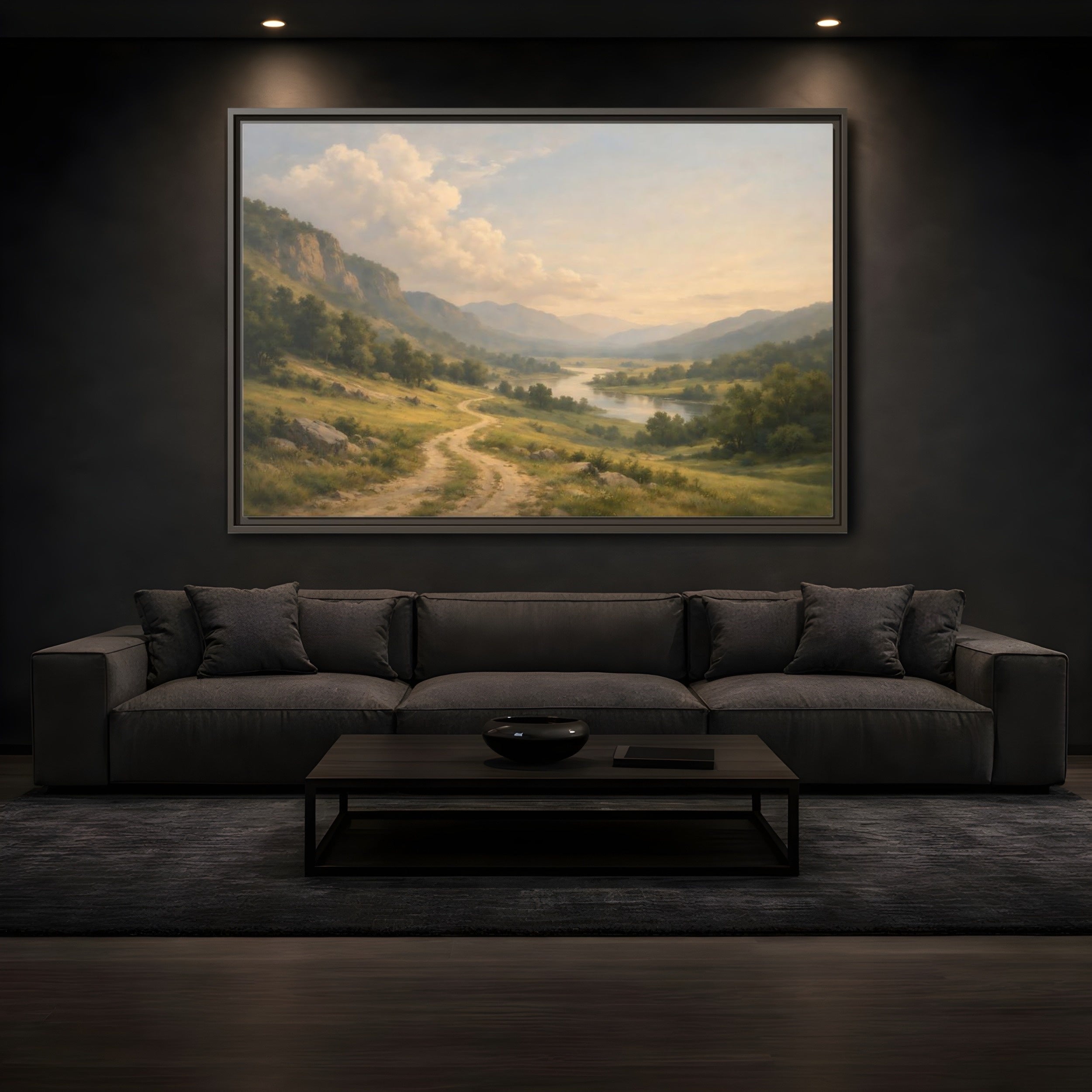 Mockup 3. Nature River Valley Green And Brown shown as stretched canvas wall art