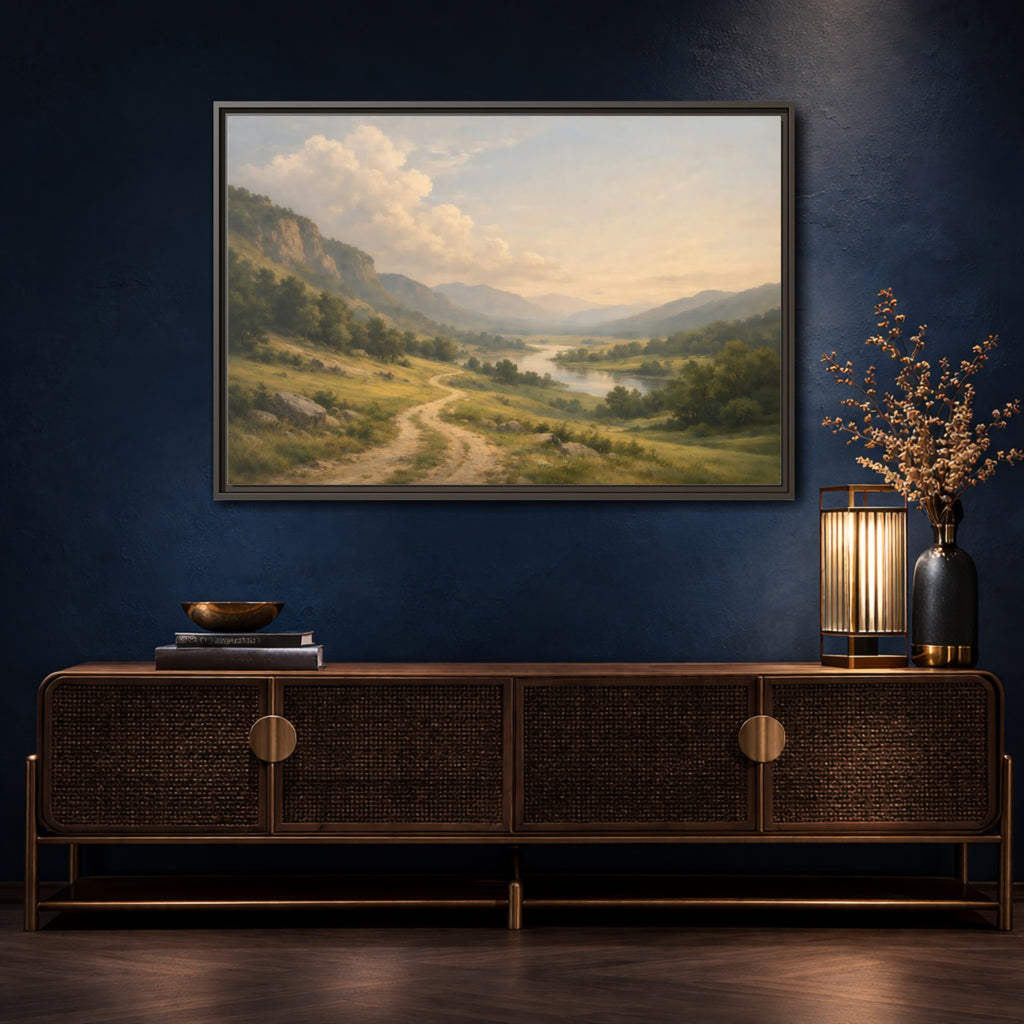 Mockup 4. Nature River Valley Green And Brown shown as stretched canvas wall art