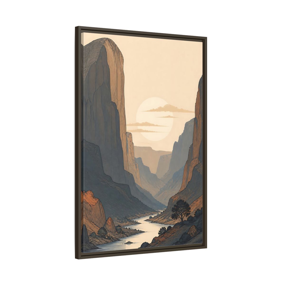 Main Mockup. Nature River Valley Orange And Blue shown as stretched canvas wall art