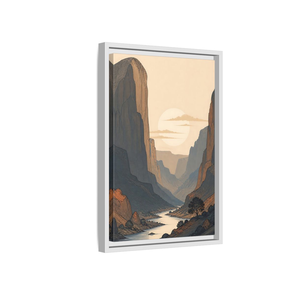Side Mockup 4. Nature River Valley Orange And Blue shown as stretched canvas wall art
