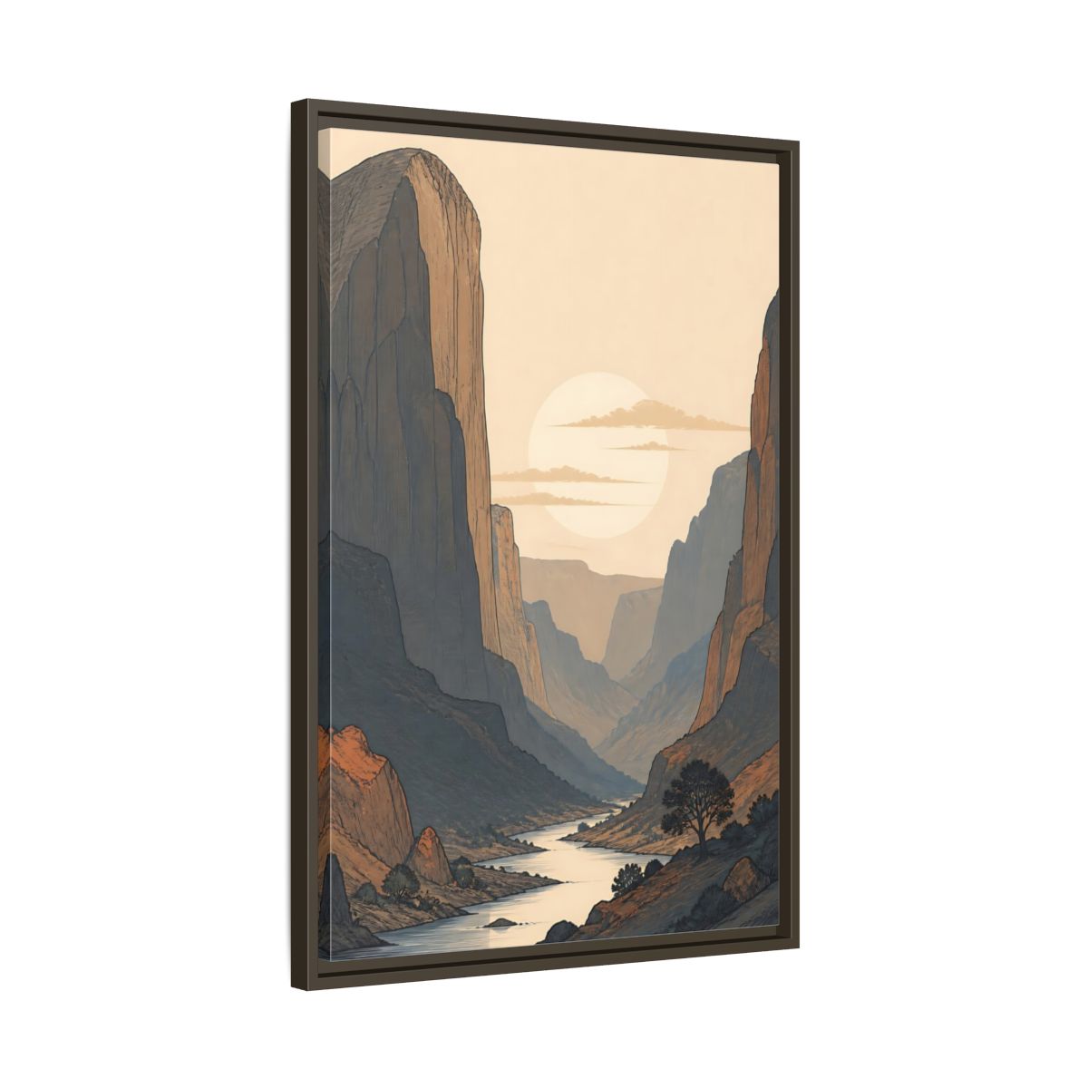 Side Mockup 11. Nature River Valley Orange And Blue shown as stretched canvas wall art