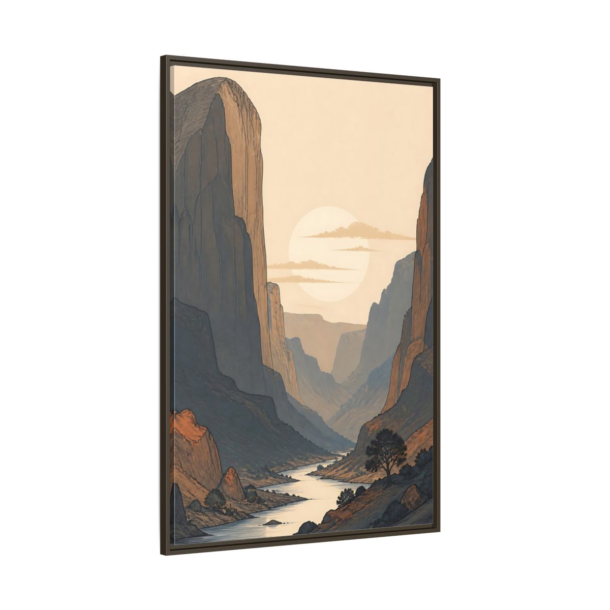 Side Mockup 8. Nature River Valley Orange And Blue shown as stretched canvas wall art