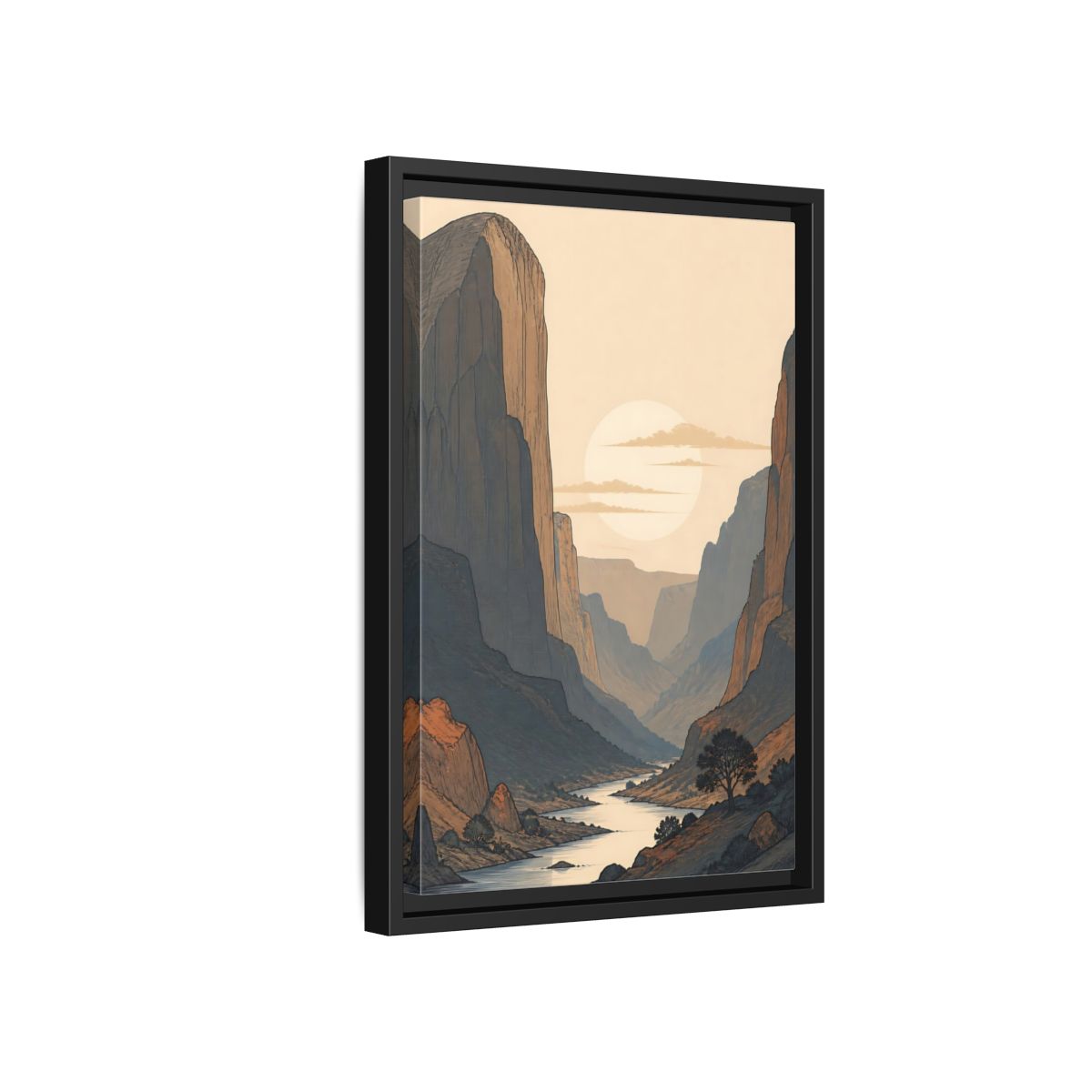 Side Mockup 6. Nature River Valley Orange And Blue shown as stretched canvas wall art