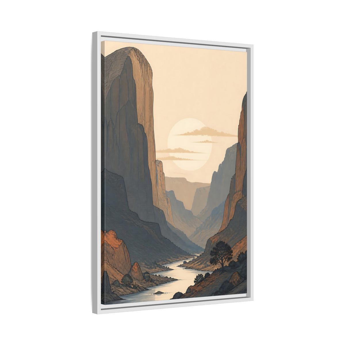 Side Mockup 10. Nature River Valley Orange And Blue shown as stretched canvas wall art