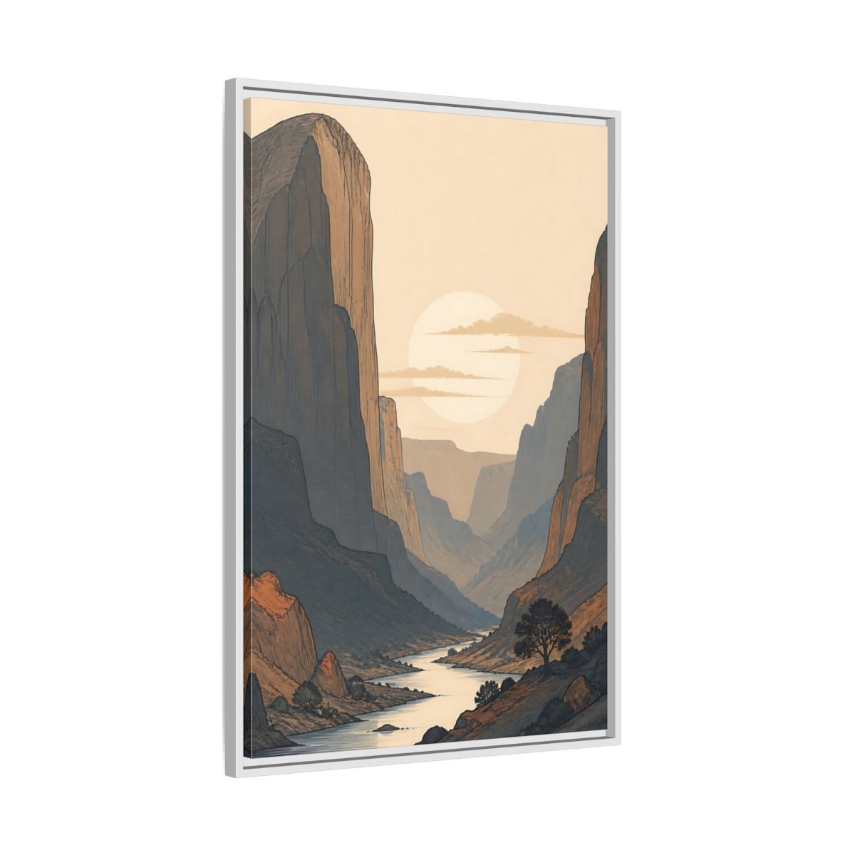Side Mockup 9. Nature River Valley Orange And Blue shown as stretched canvas wall art