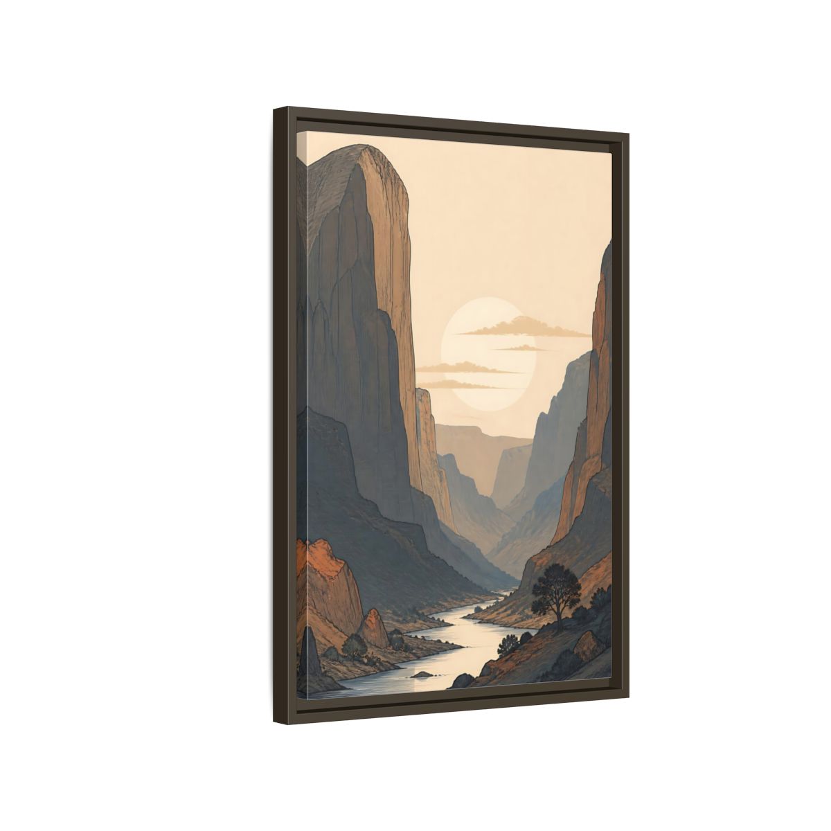 Side Mockup 2. Nature River Valley Orange And Blue shown as stretched canvas wall art