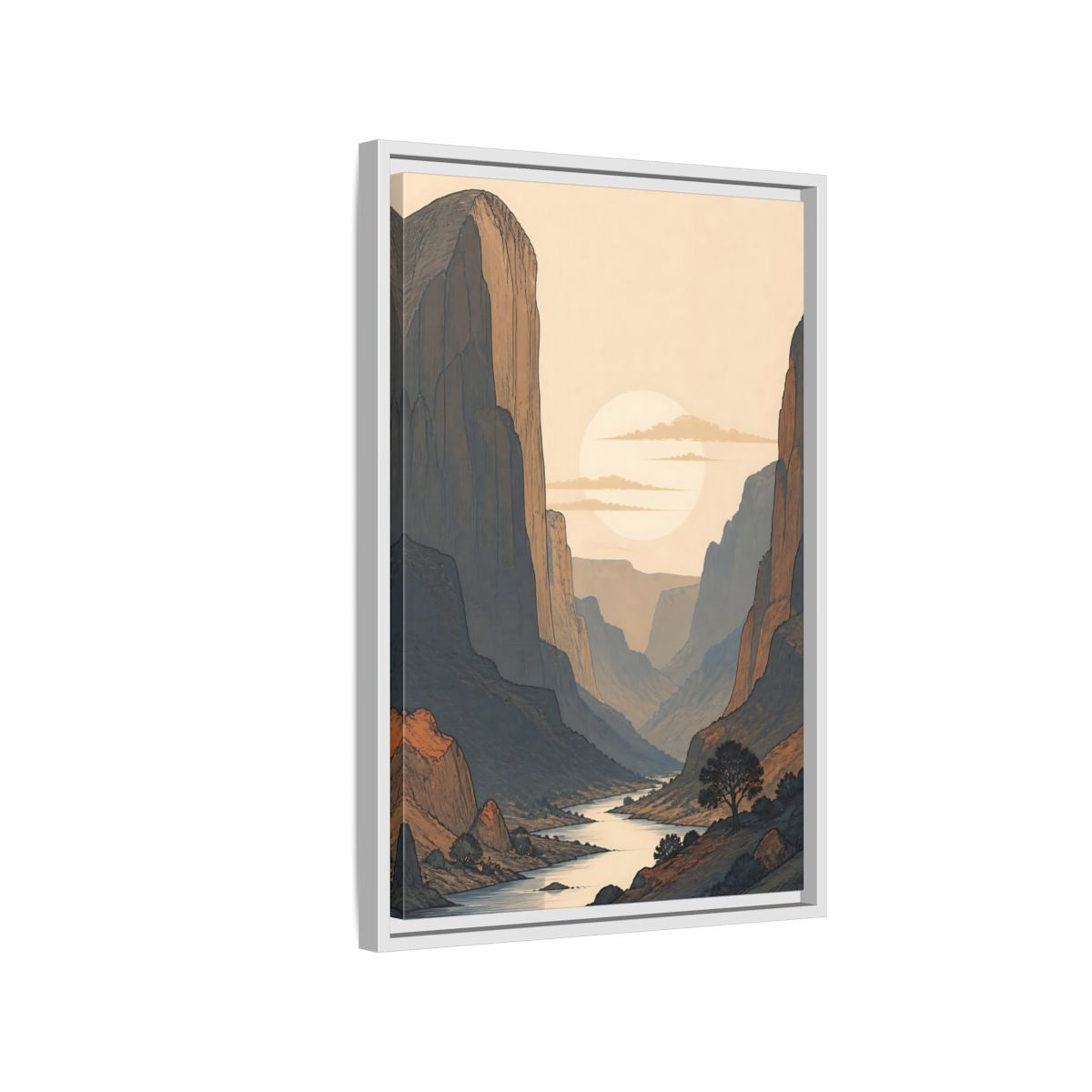 Side Mockup 1. Nature River Valley Orange And Blue shown as stretched canvas wall art