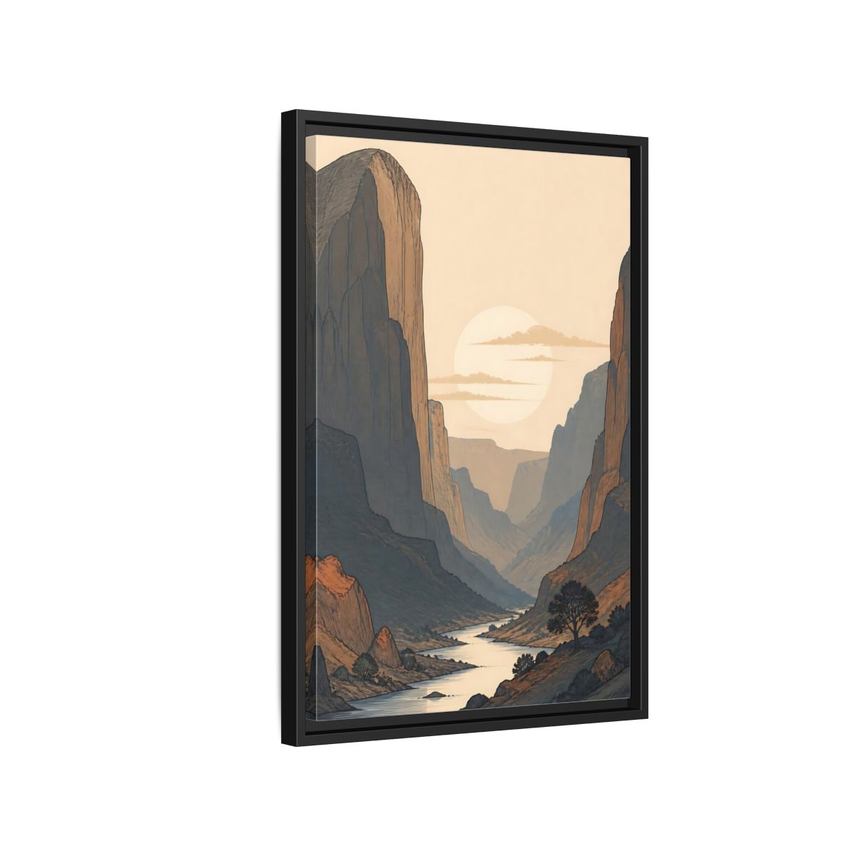 Side Mockup 3. Nature River Valley Orange And Blue shown as stretched canvas wall art
