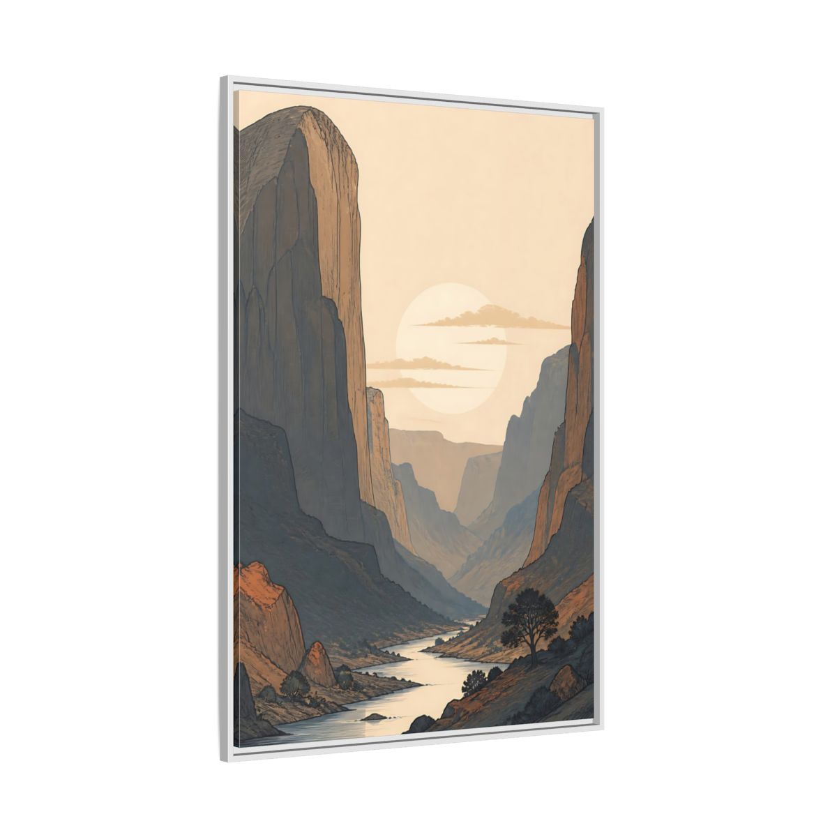 Side Mockup 7. Nature River Valley Orange And Blue shown as stretched canvas wall art