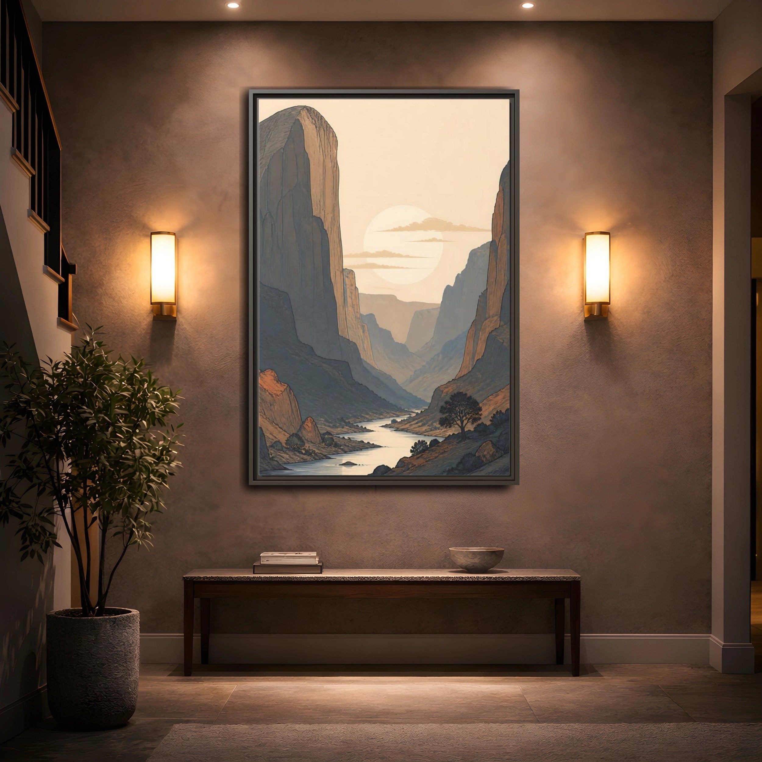 Mockup 2. Nature River Valley Orange And Blue shown as stretched canvas wall art