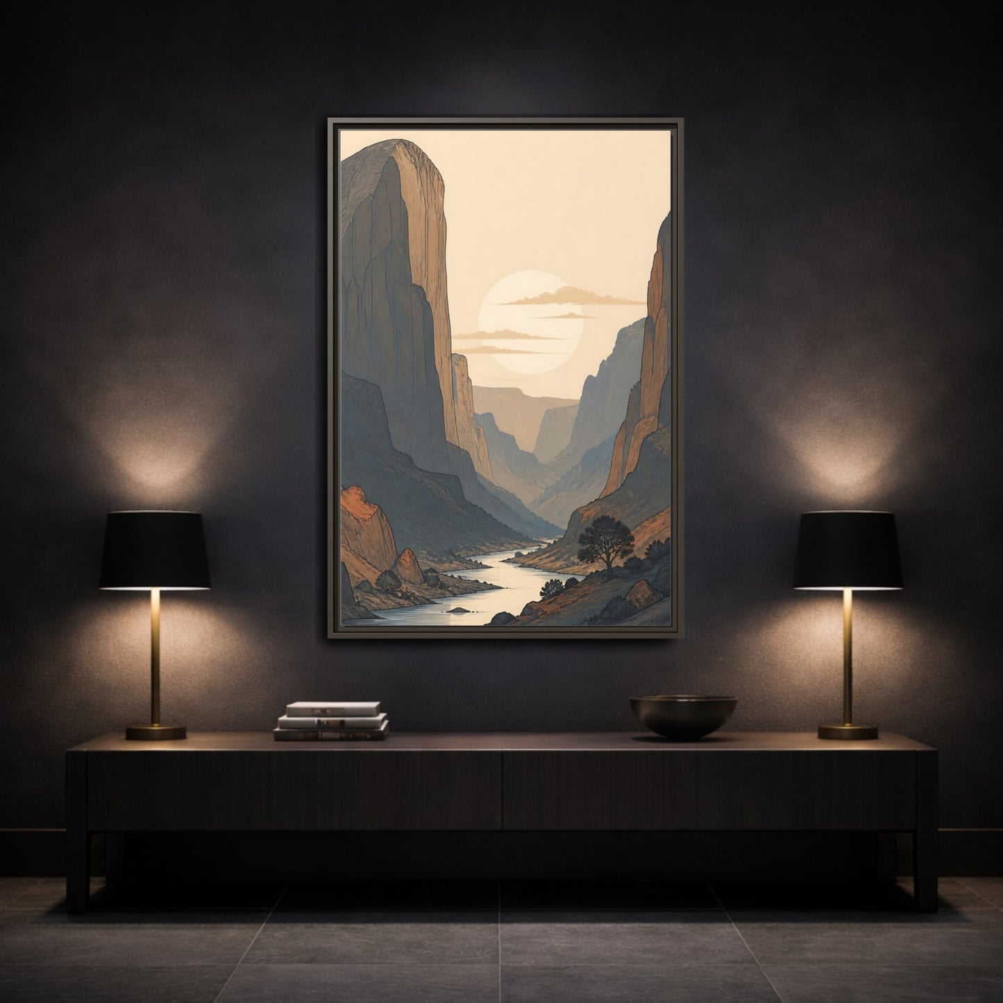 Mockup 3. Nature River Valley Orange And Blue shown as stretched canvas wall art