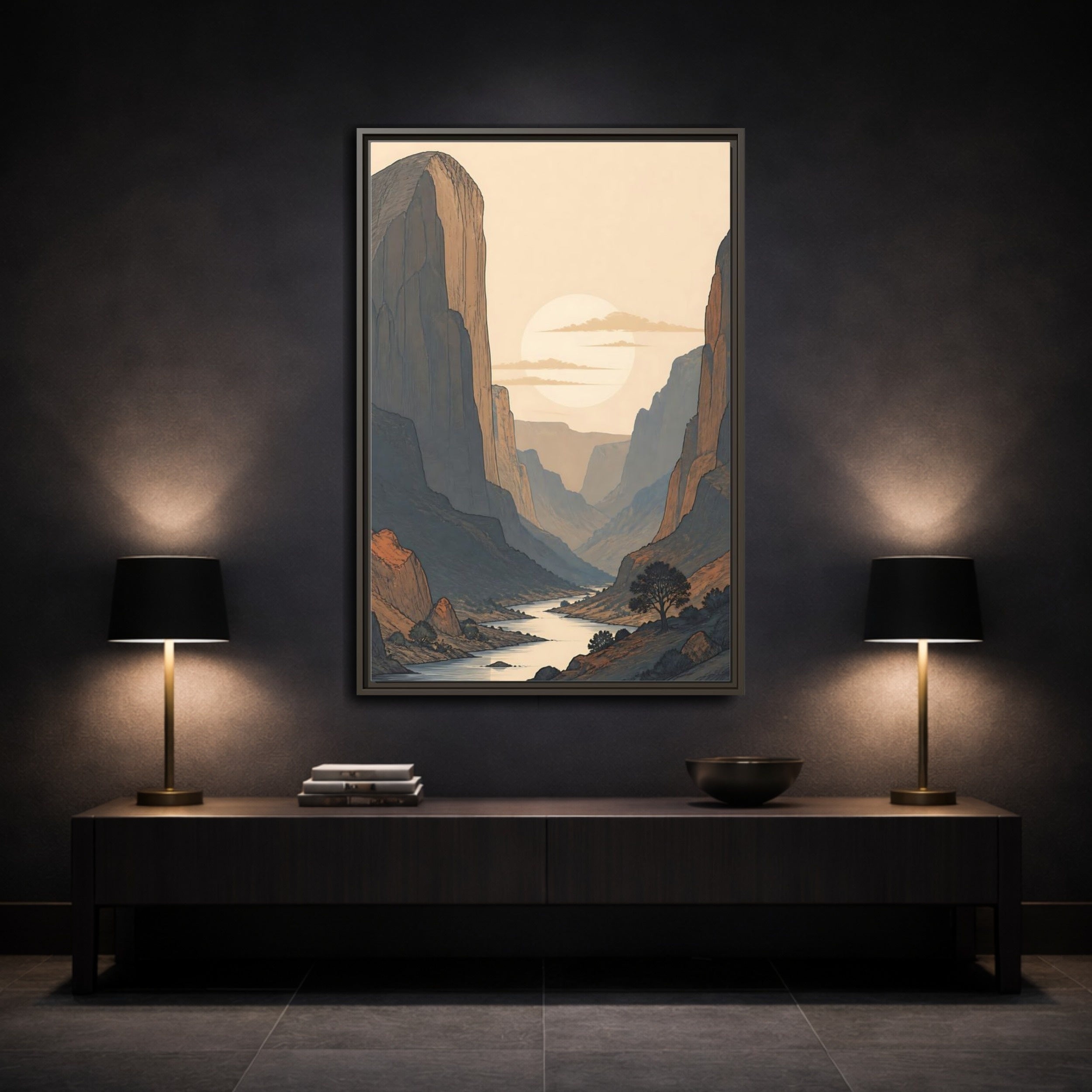 Mockup 3. Nature River Valley Orange And Blue shown as stretched canvas wall art