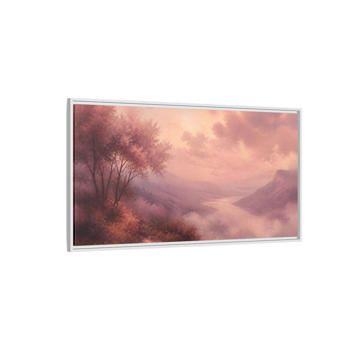 Side Mockup 3. Nature River Valley Pink Valley shown as stretched canvas wall art
