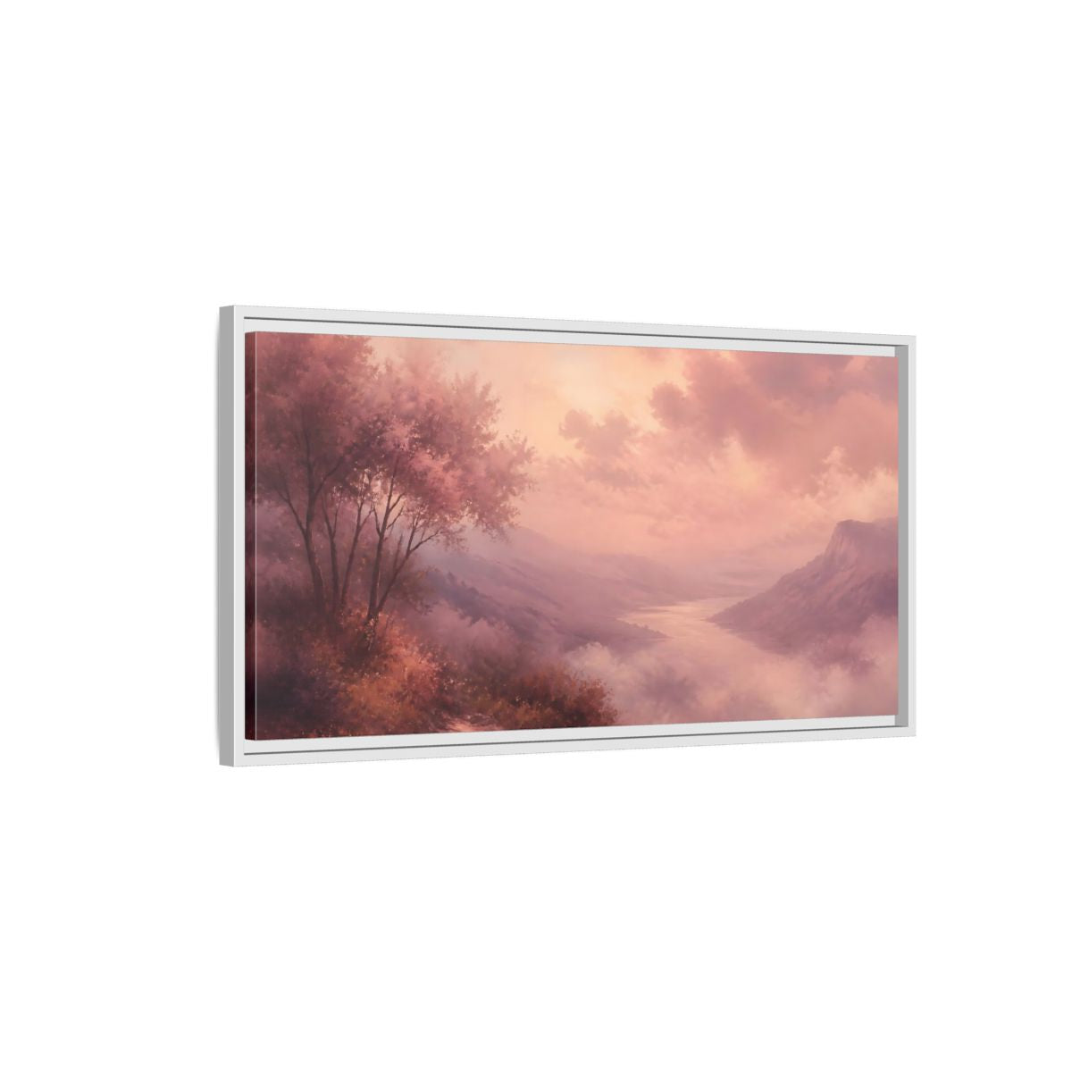 Side Mockup 1. Nature River Valley Pink Valley shown as stretched canvas wall art