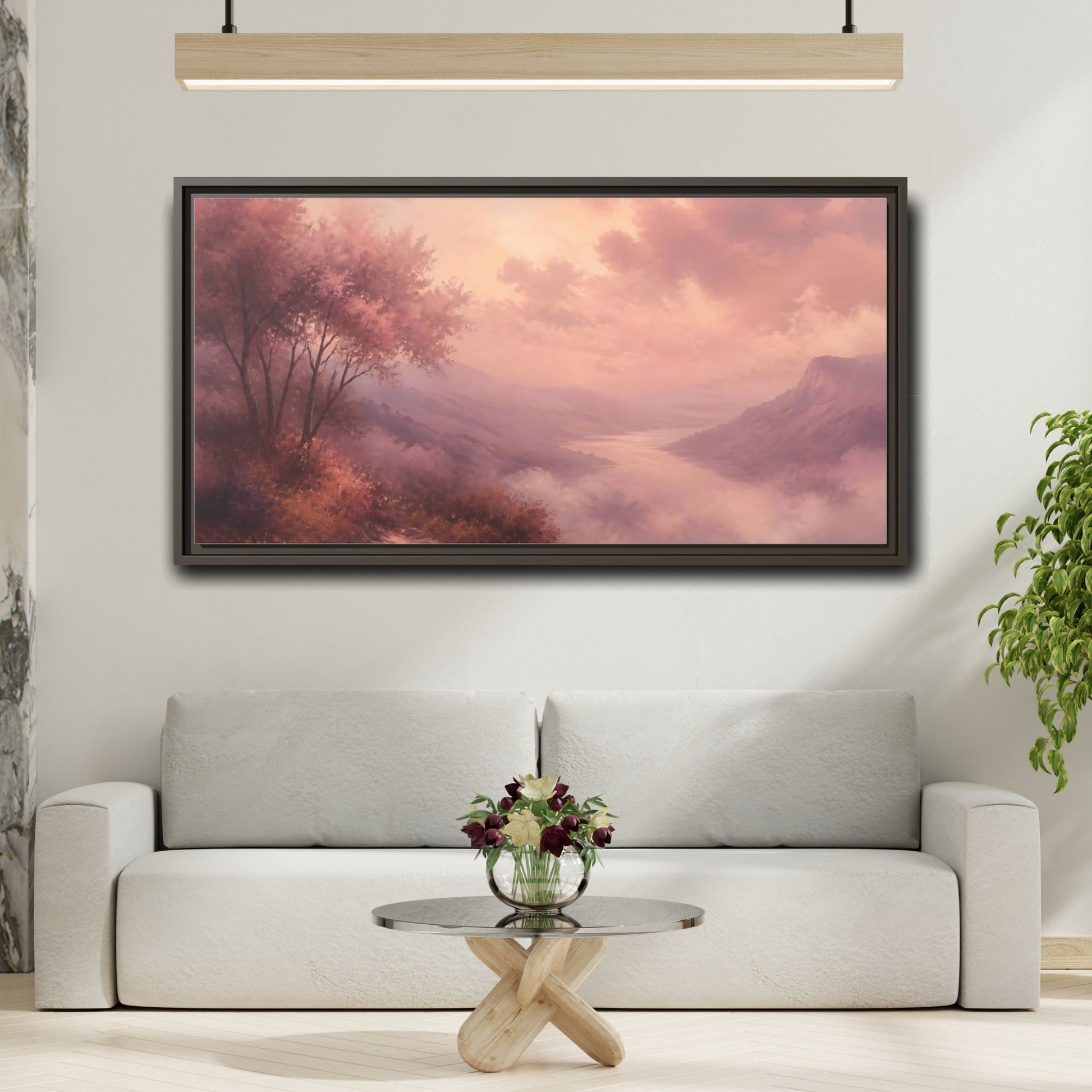 Mockup 2. Nature River Valley Pink Valley shown as stretched canvas wall art