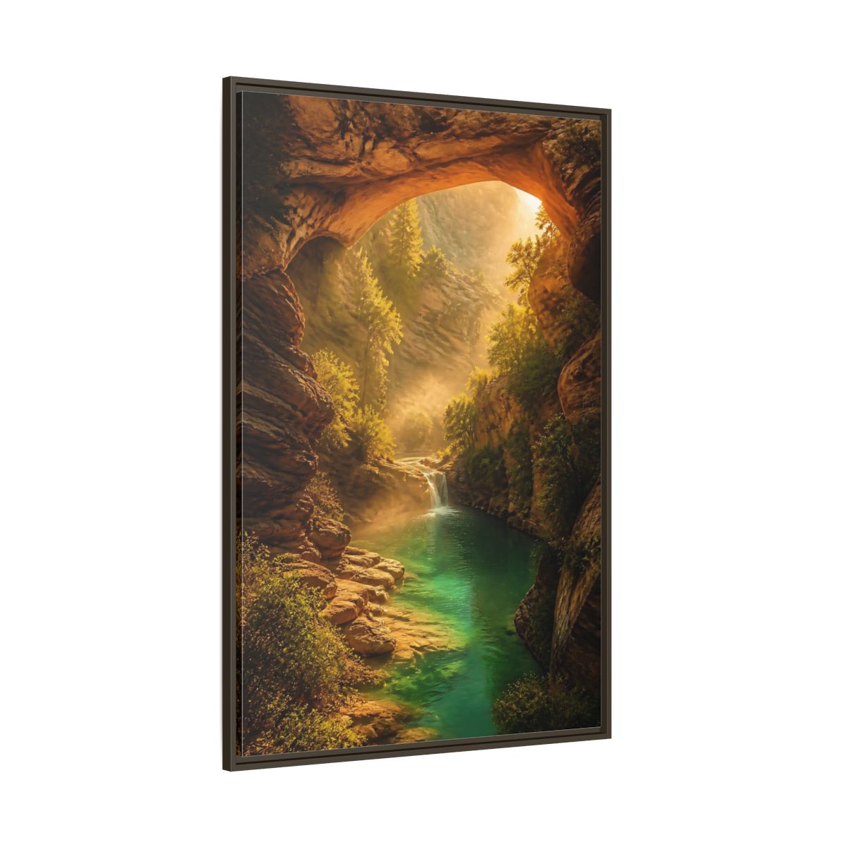 Side Mockup 8. Nature River Waterfall Green Canyon shown as stretched canvas wall art