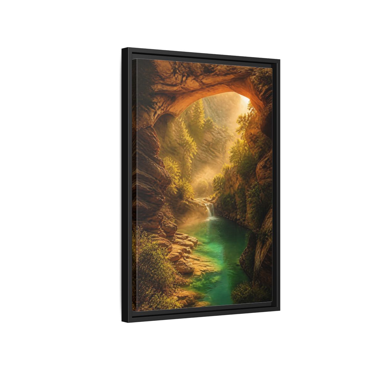Side Mockup 3. Nature River Waterfall Green Canyon shown as stretched canvas wall art