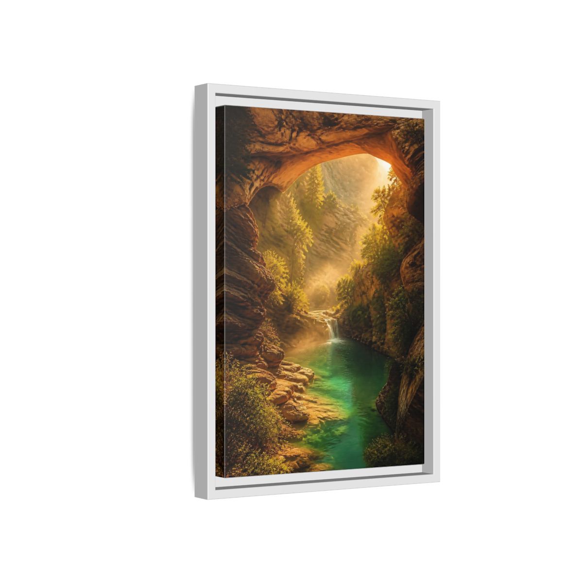 Side Mockup 4. Nature River Waterfall Green Canyon shown as stretched canvas wall art