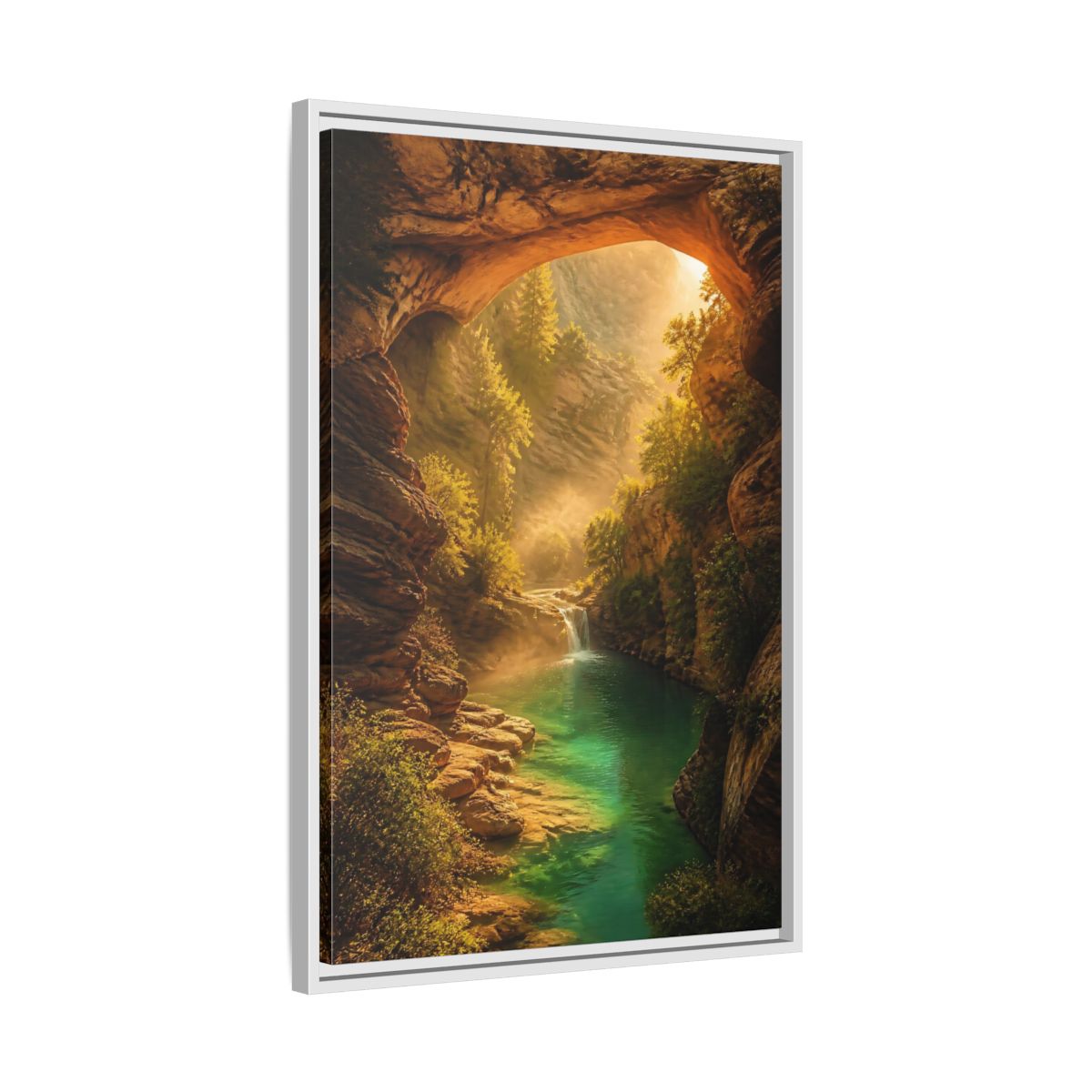 Side Mockup 10. Nature River Waterfall Green Canyon shown as stretched canvas wall art