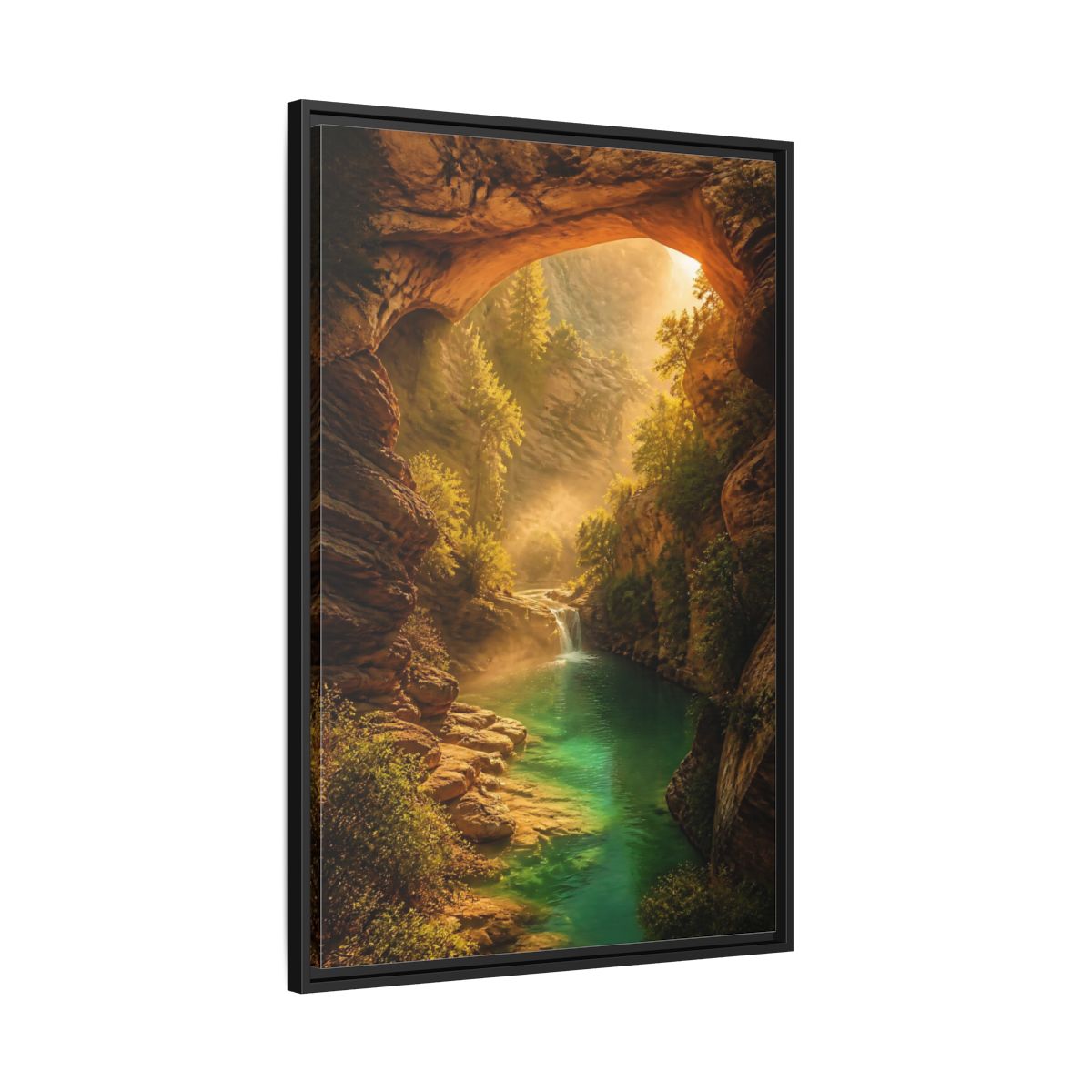 Side Mockup 13. Nature River Waterfall Green Canyon shown as stretched canvas wall art