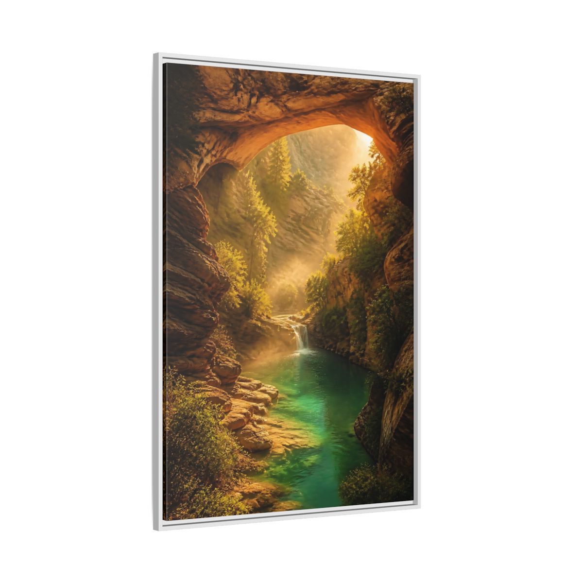 Side Mockup 7. Nature River Waterfall Green Canyon shown as stretched canvas wall art
