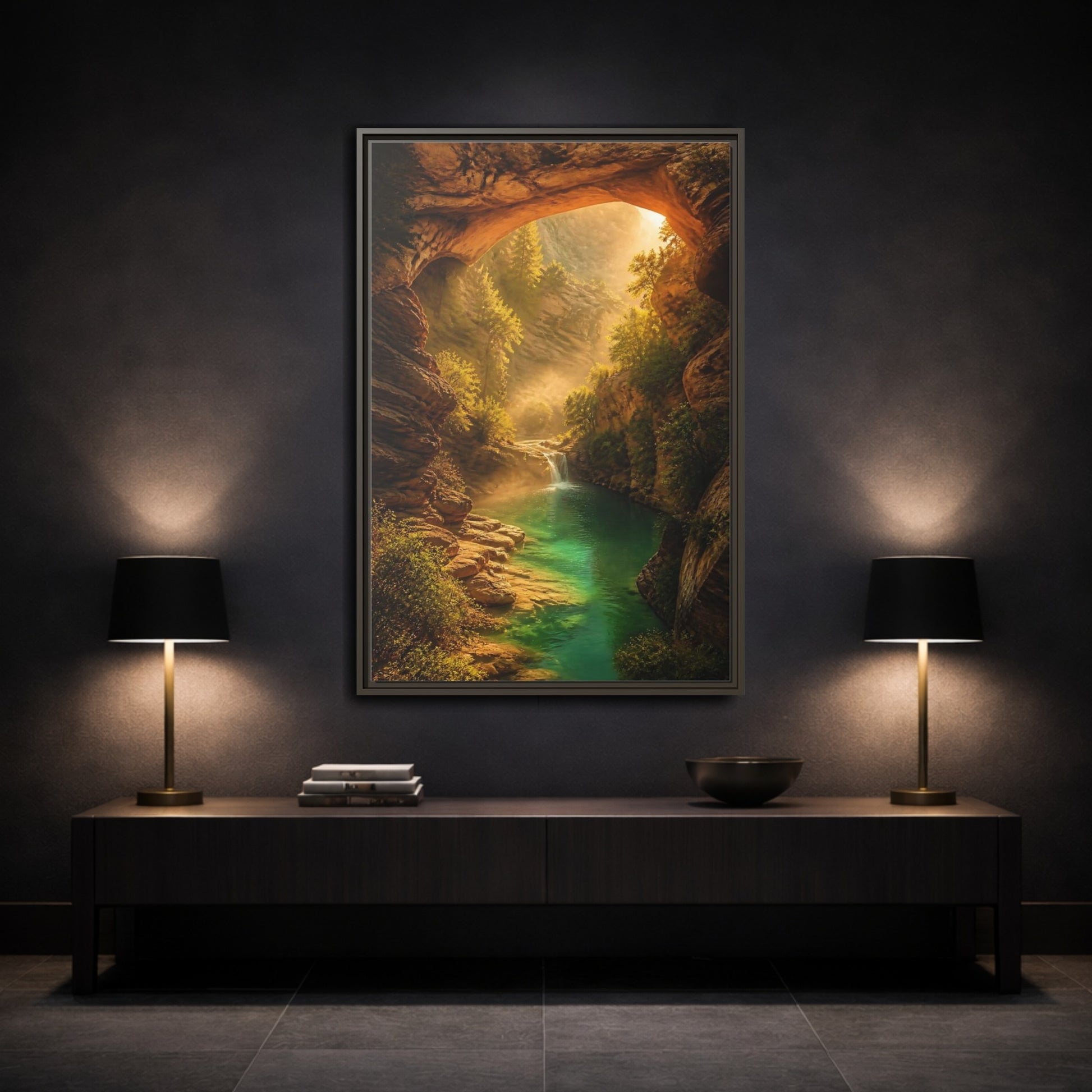 Mockup 3. Nature River Waterfall Green Canyon shown as stretched canvas wall art