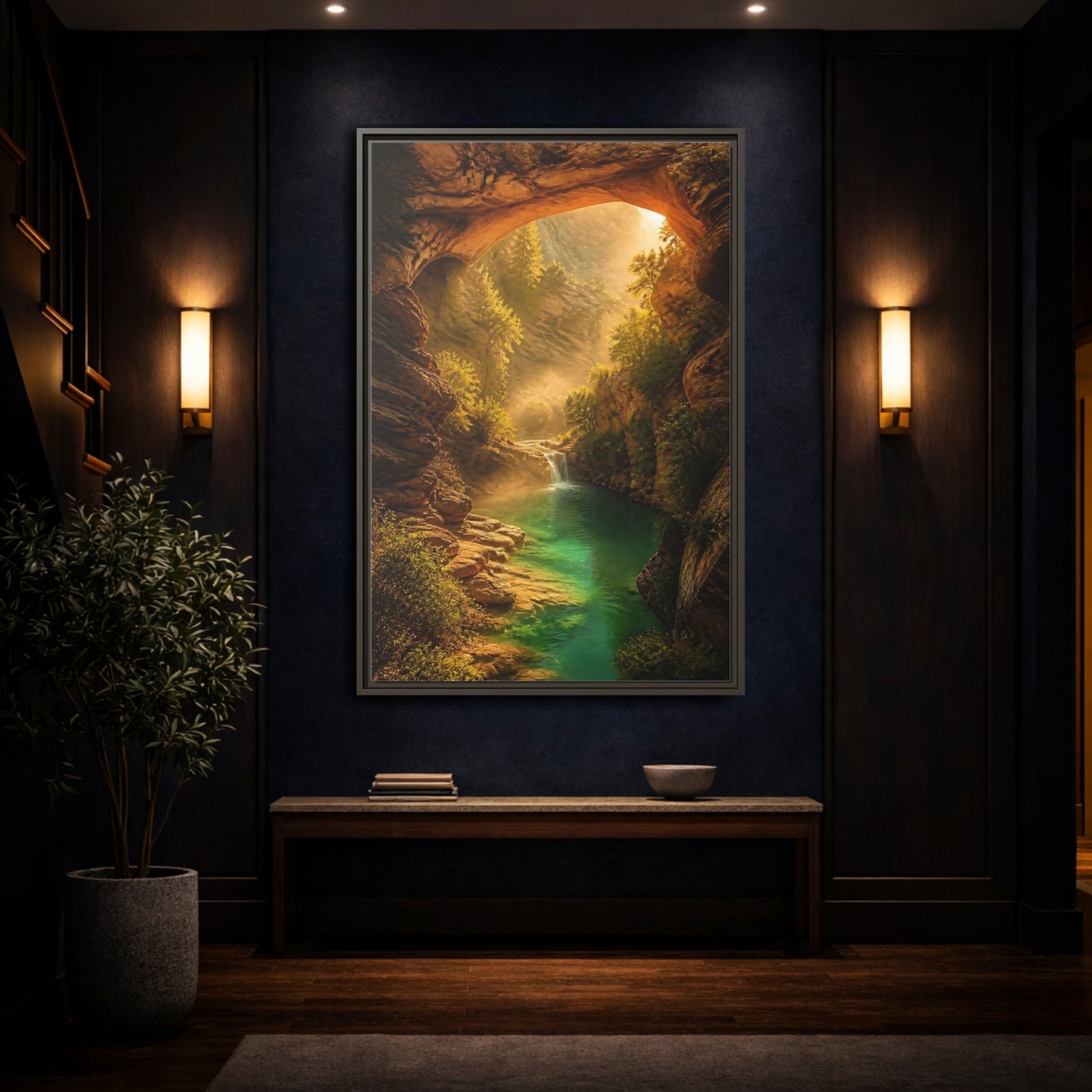 Mockup 4. Nature River Waterfall Green Canyon shown as stretched canvas wall art