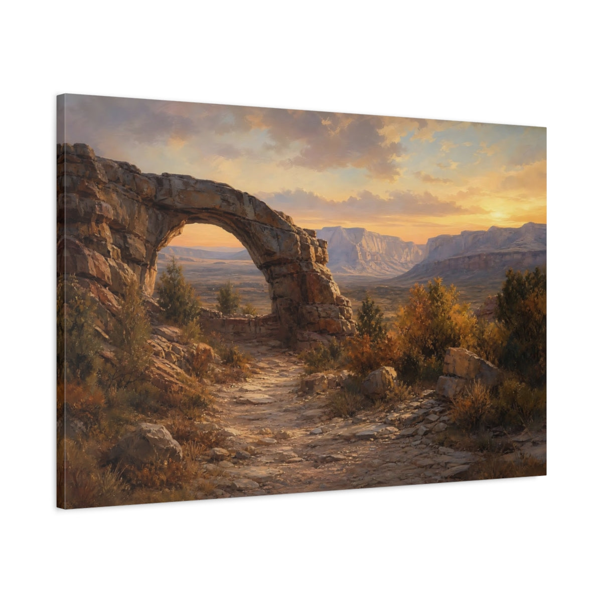 Main Mockup. Nature Rock Arch Desert Sunset shown as stretched canvas wall art