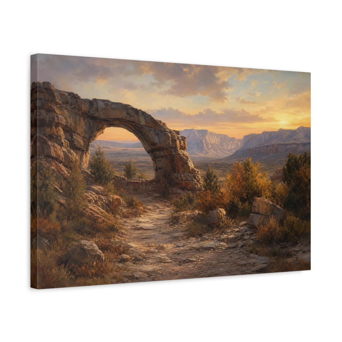 Side Mockup 3. Nature Rock Arch Desert Sunset shown as stretched canvas wall art