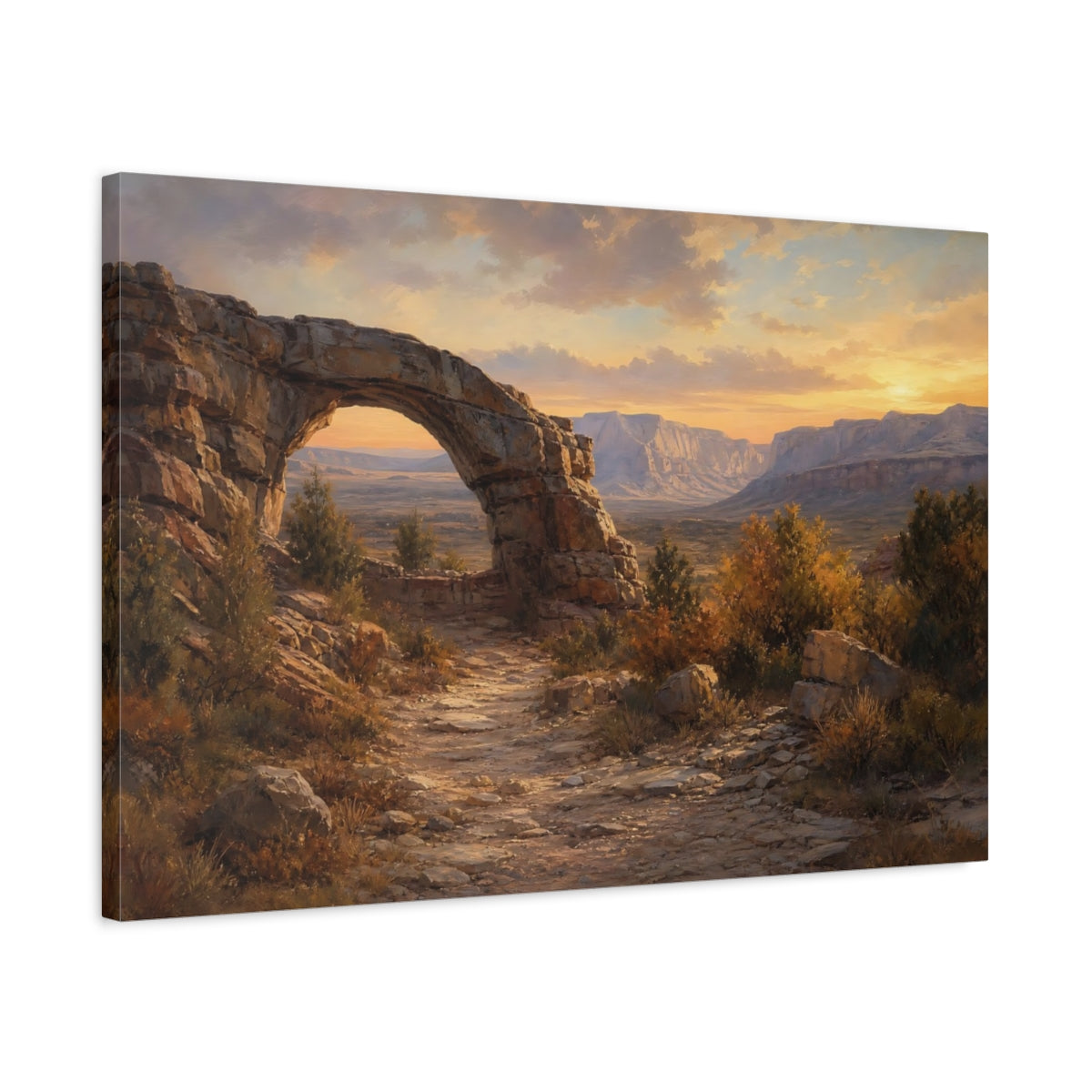 Side Mockup 2. Nature Rock Arch Desert Sunset shown as stretched canvas wall art