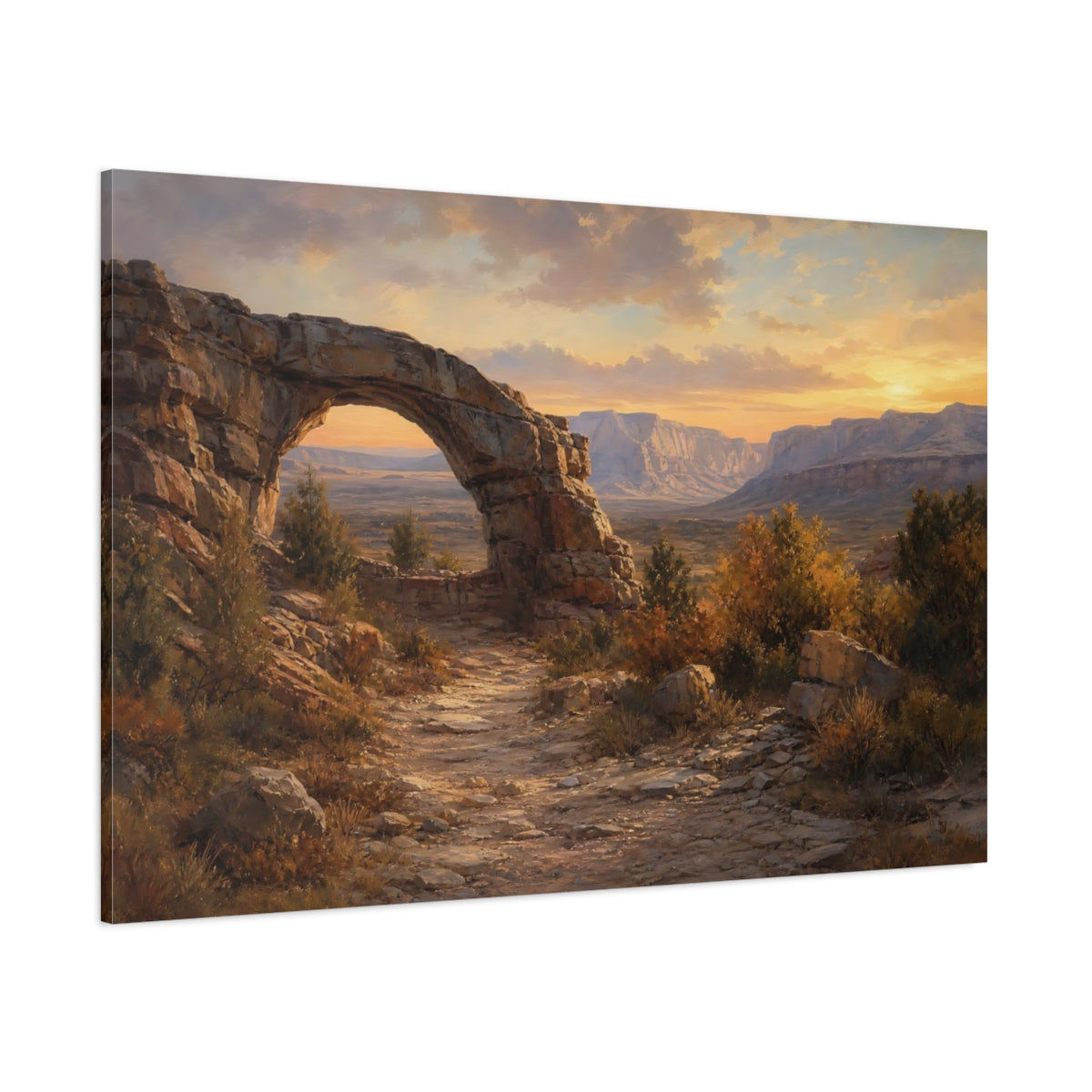 Side Mockup 1. Nature Rock Arch Desert Sunset shown as stretched canvas wall art
