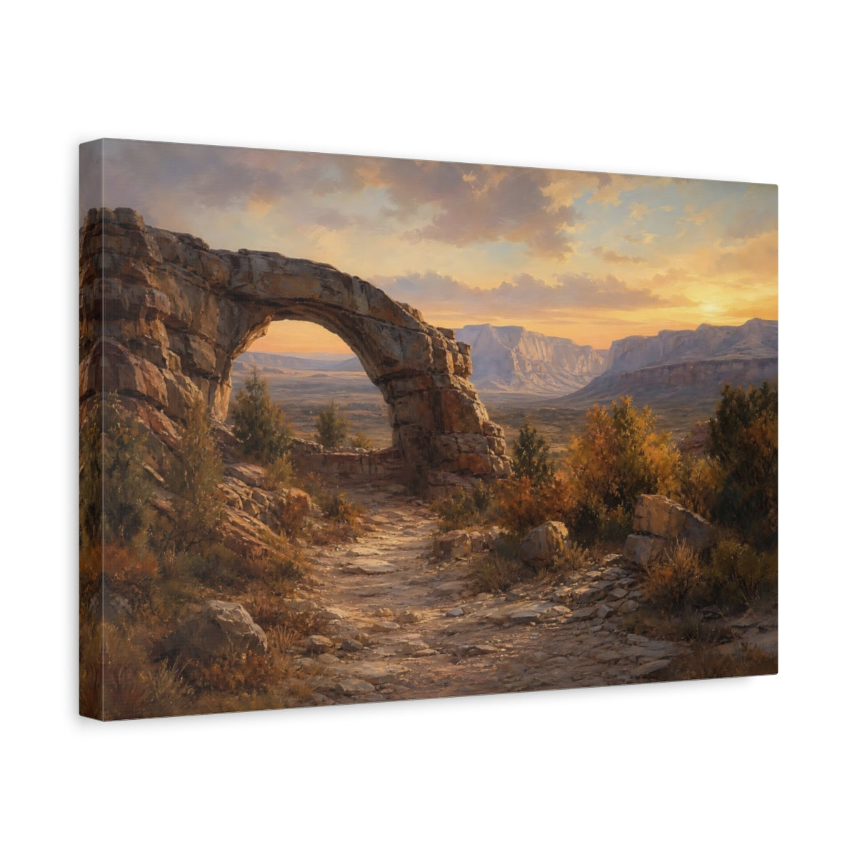 Side Mockup 4. Nature Rock Arch Desert Sunset shown as stretched canvas wall art