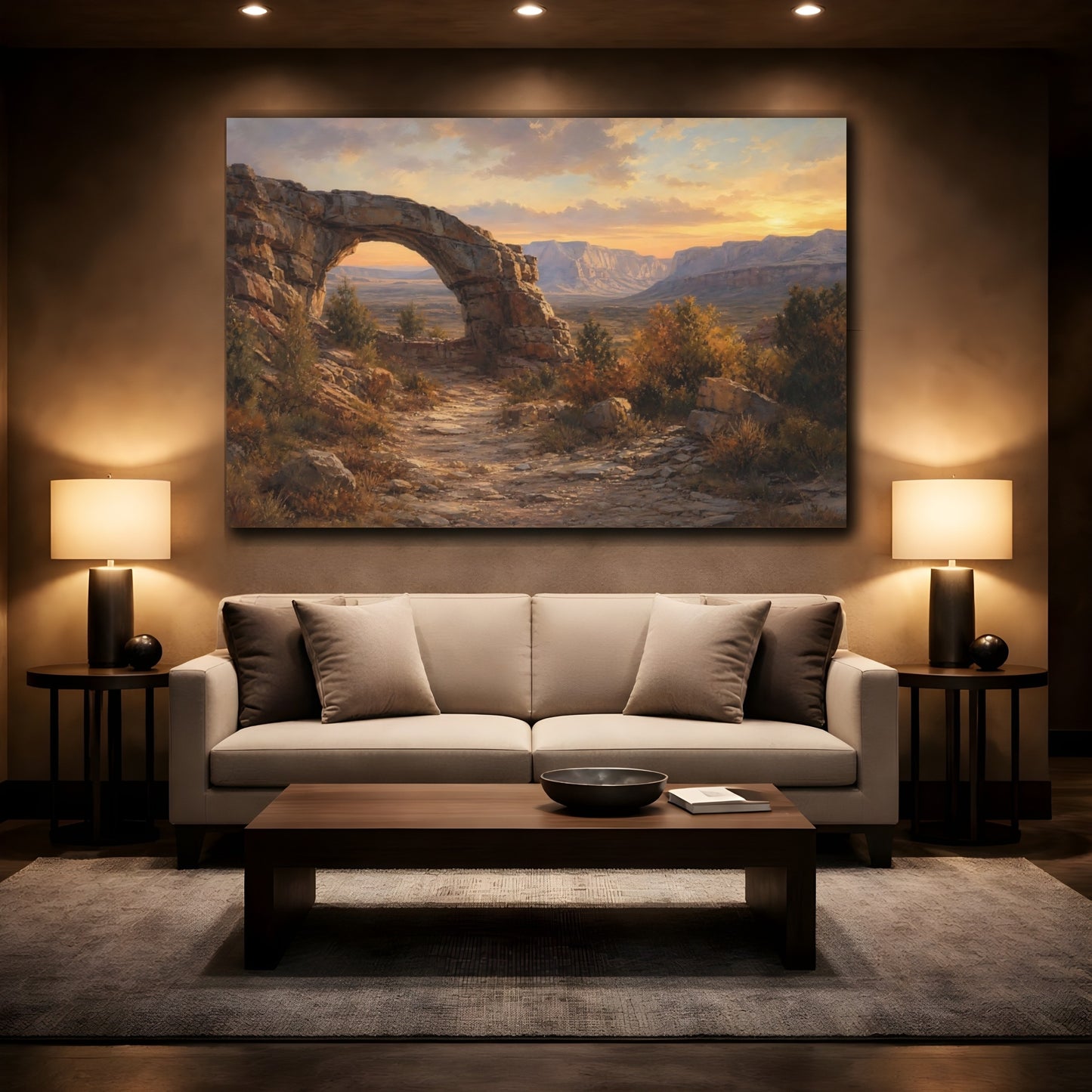 Mockup 2. Nature Rock Arch Desert Sunset shown as stretched canvas wall art