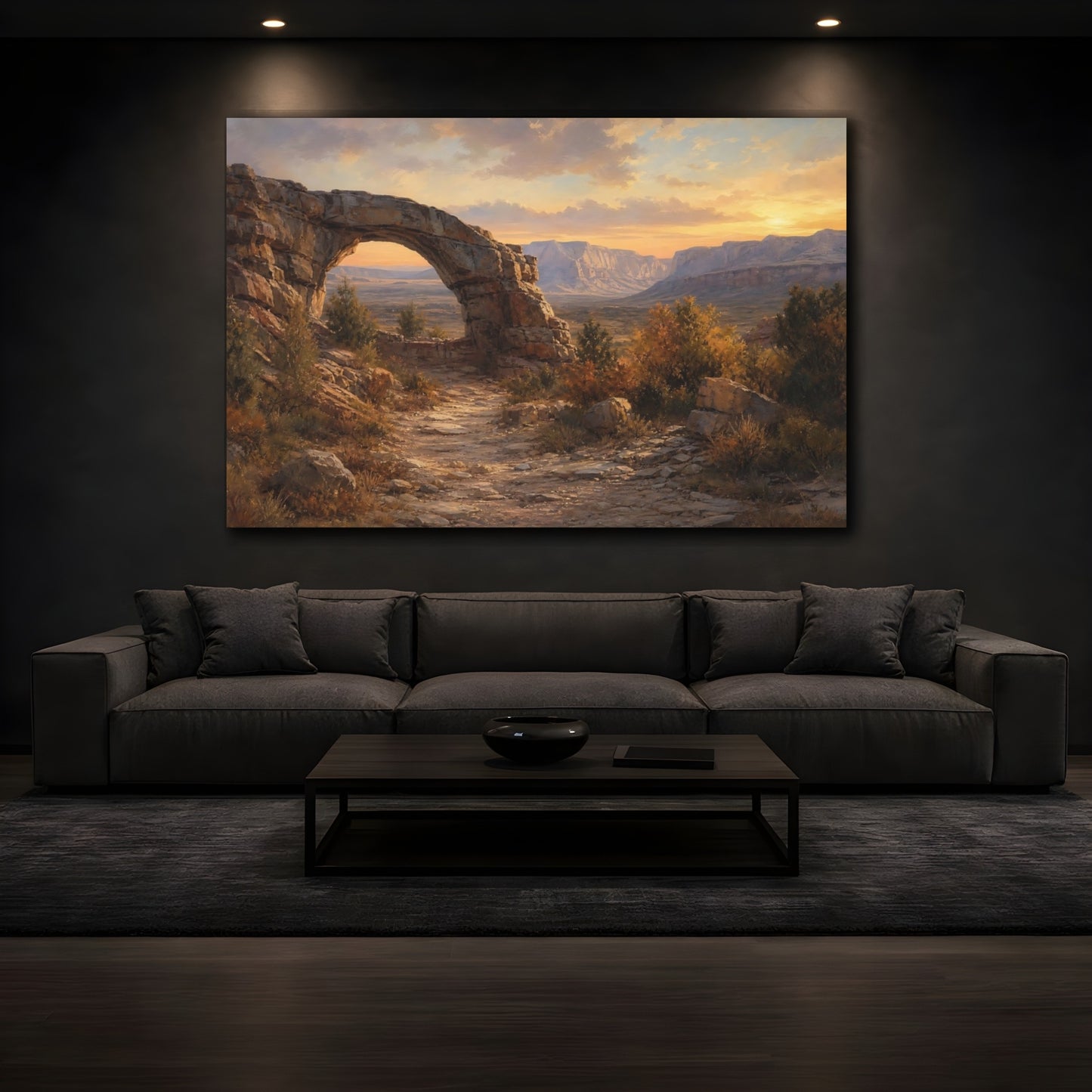 Mockup 3. Nature Rock Arch Desert Sunset shown as stretched canvas wall art