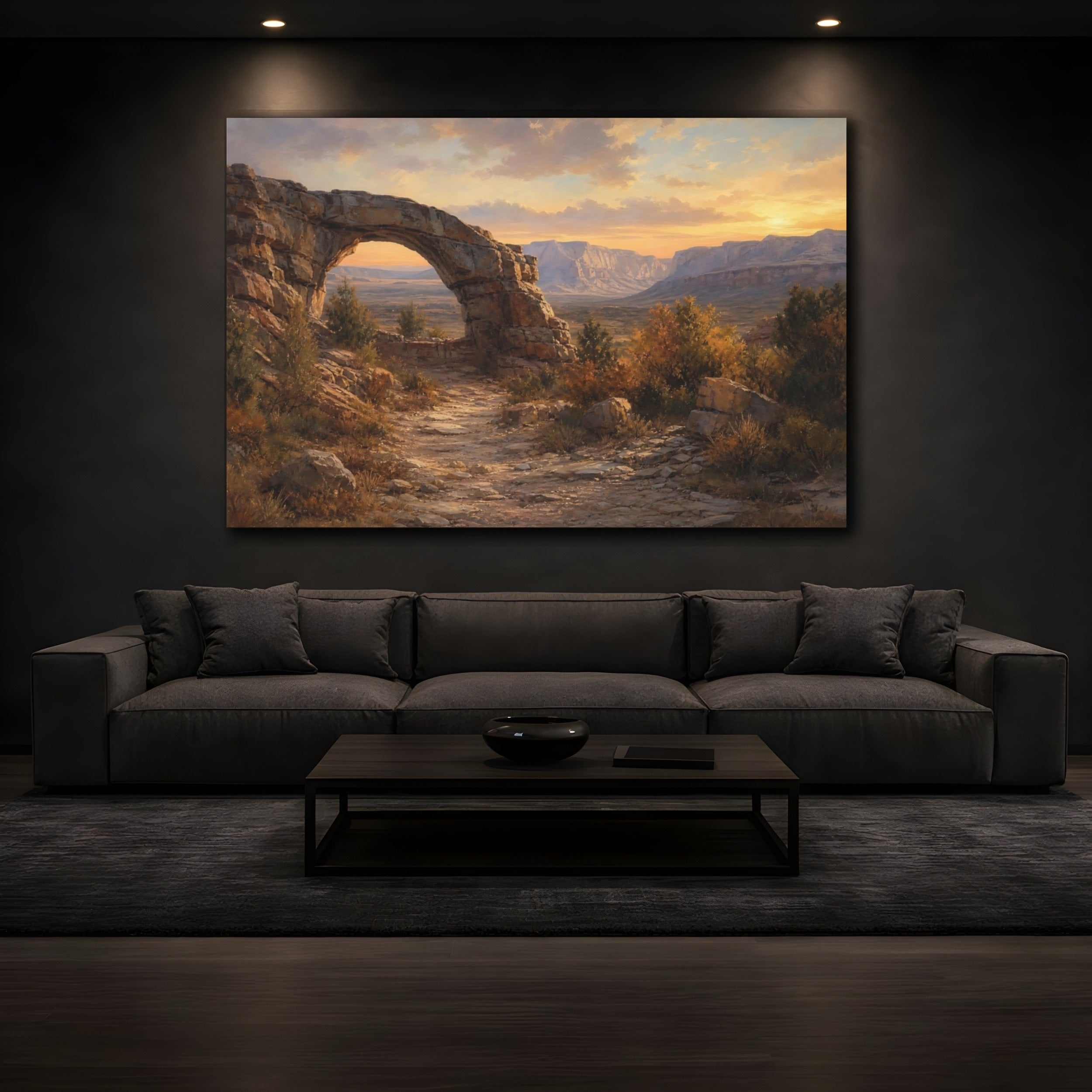 Mockup 3. Nature Rock Arch Desert Sunset shown as stretched canvas wall art